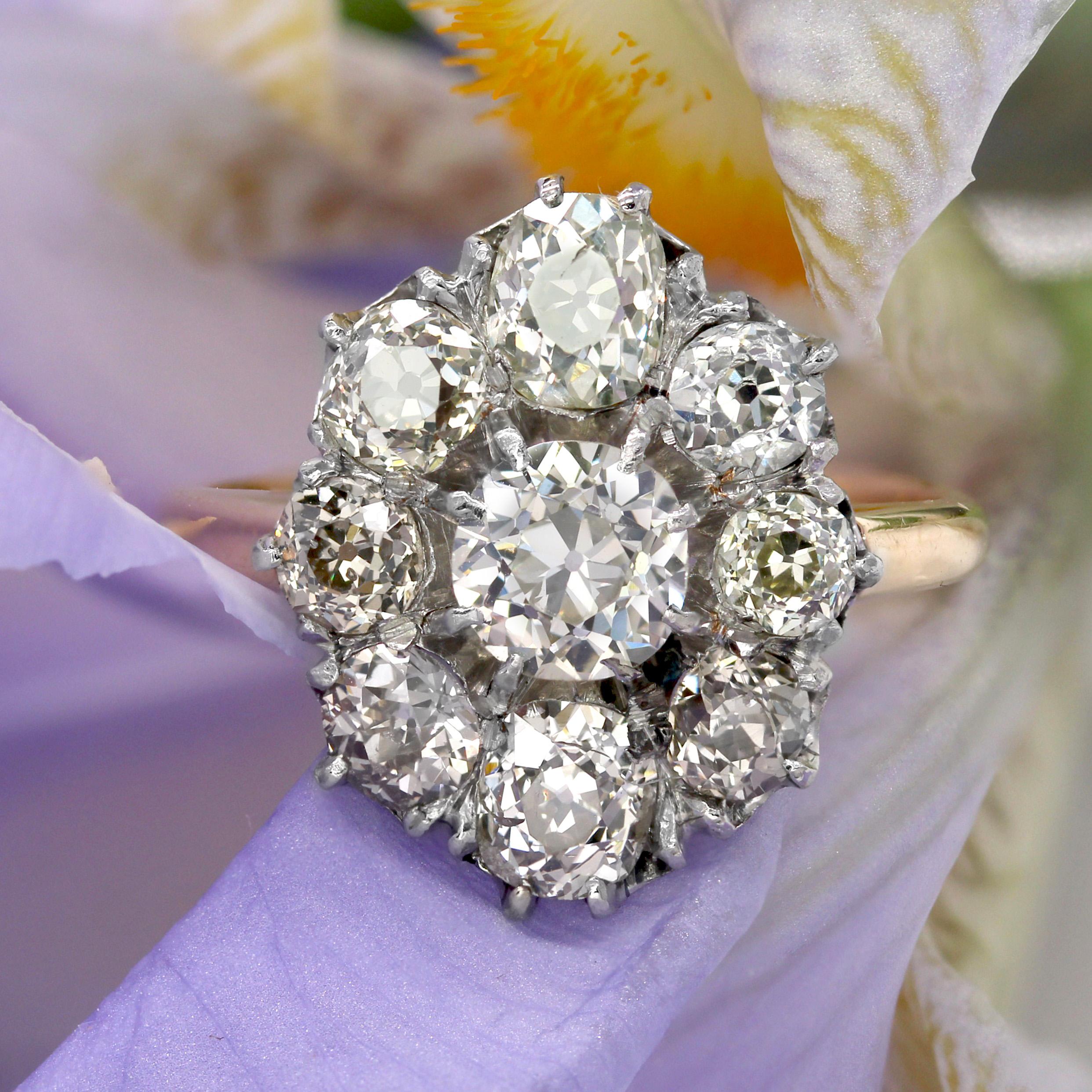Napoleone III French 19th Century Diamonds 18 Karat Yellow Gold Platinum Pompadour Ring in vendita