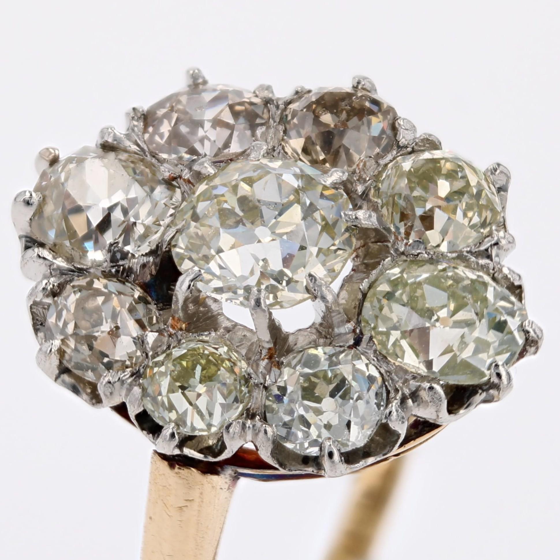 French 19th Century Diamonds 18 Karat Yellow Gold Platinum Pompadour Ring in vendita 3