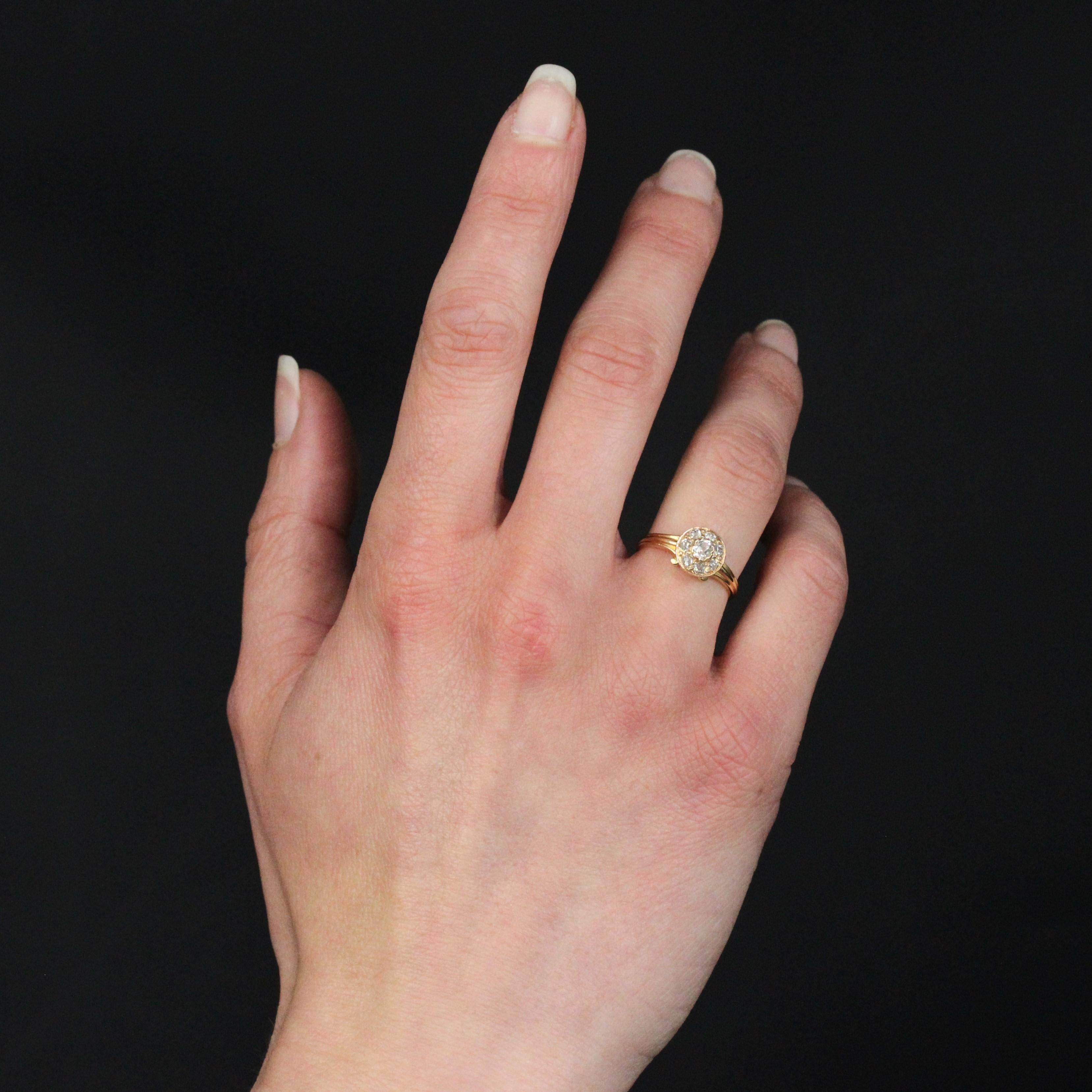 Antique Cushion Cut French 19th Century Diamonds 18 Karat Yellow Gold Round Shape Ring For Sale