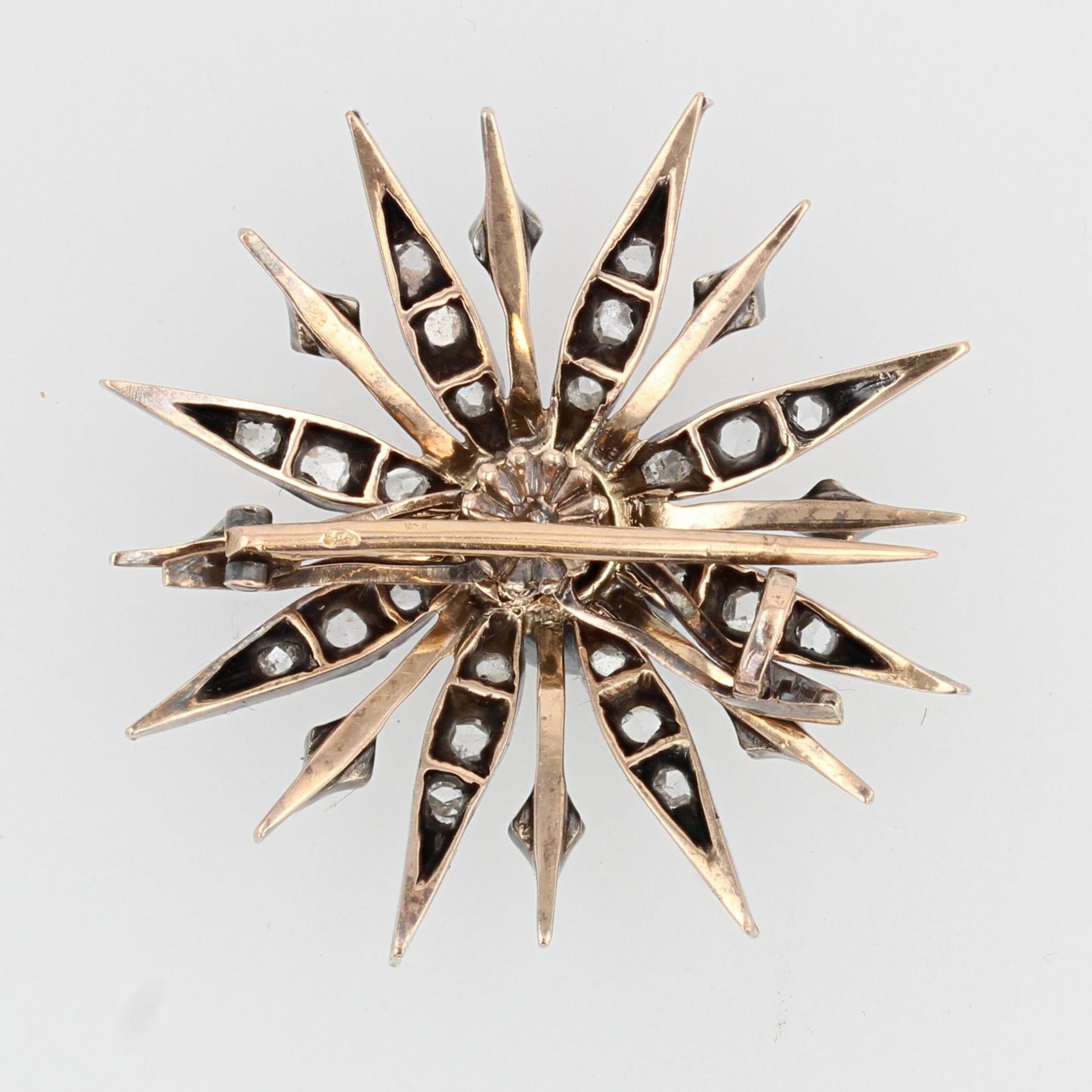 Women's French 19th Century Diamonds 18 Karat Yellow Gold Silver Snowflake Brooch For Sale