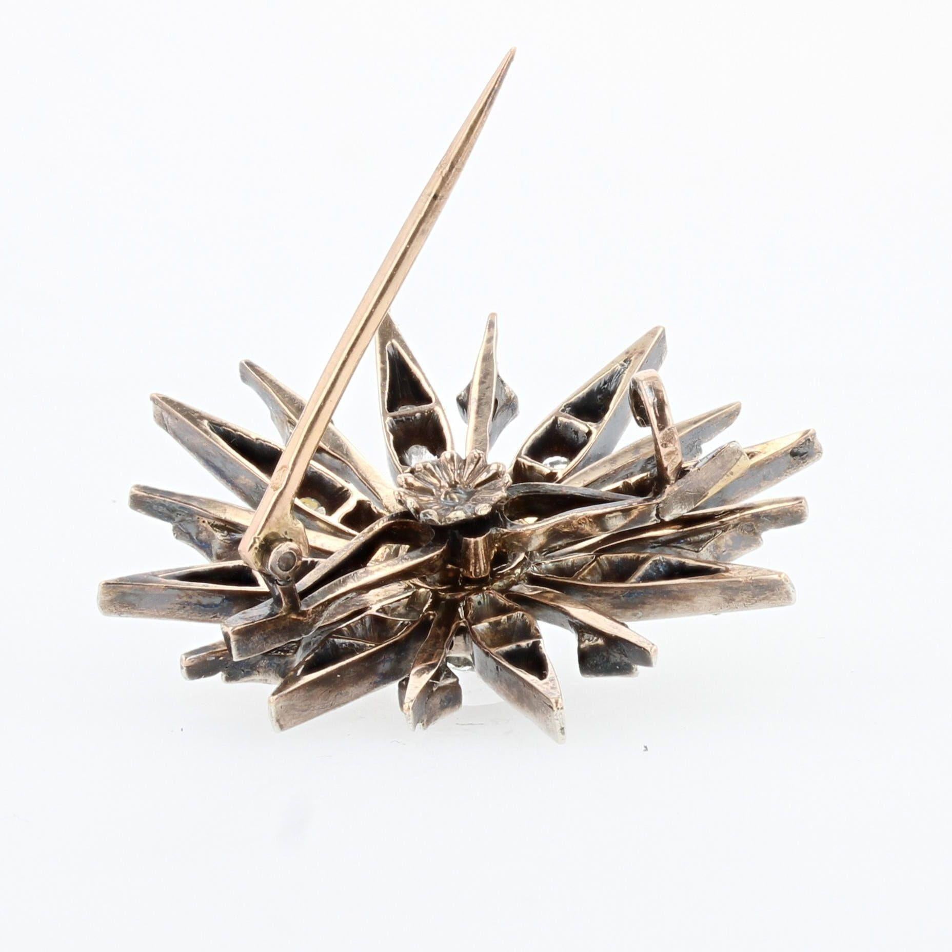 French 19th Century Diamonds 18 Karat Yellow Gold Silver Snowflake Brooch For Sale 1