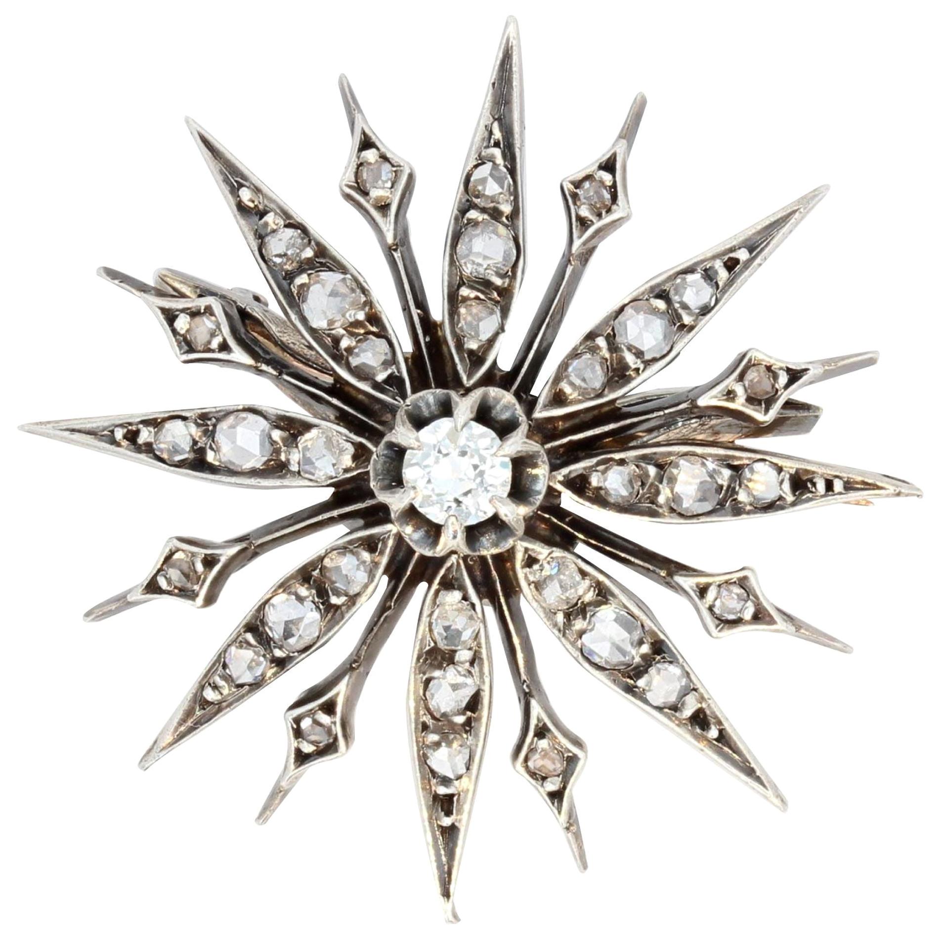 French 19th Century Diamonds 18 Karat Yellow Gold Silver Snowflake Brooch