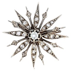 French 19th Century Diamonds 18 Karat Yellow Gold Silver Snowflake Brooch French 19th Century Diamonds 18 Karat Yellow Gold Silver Snowflake Brooch