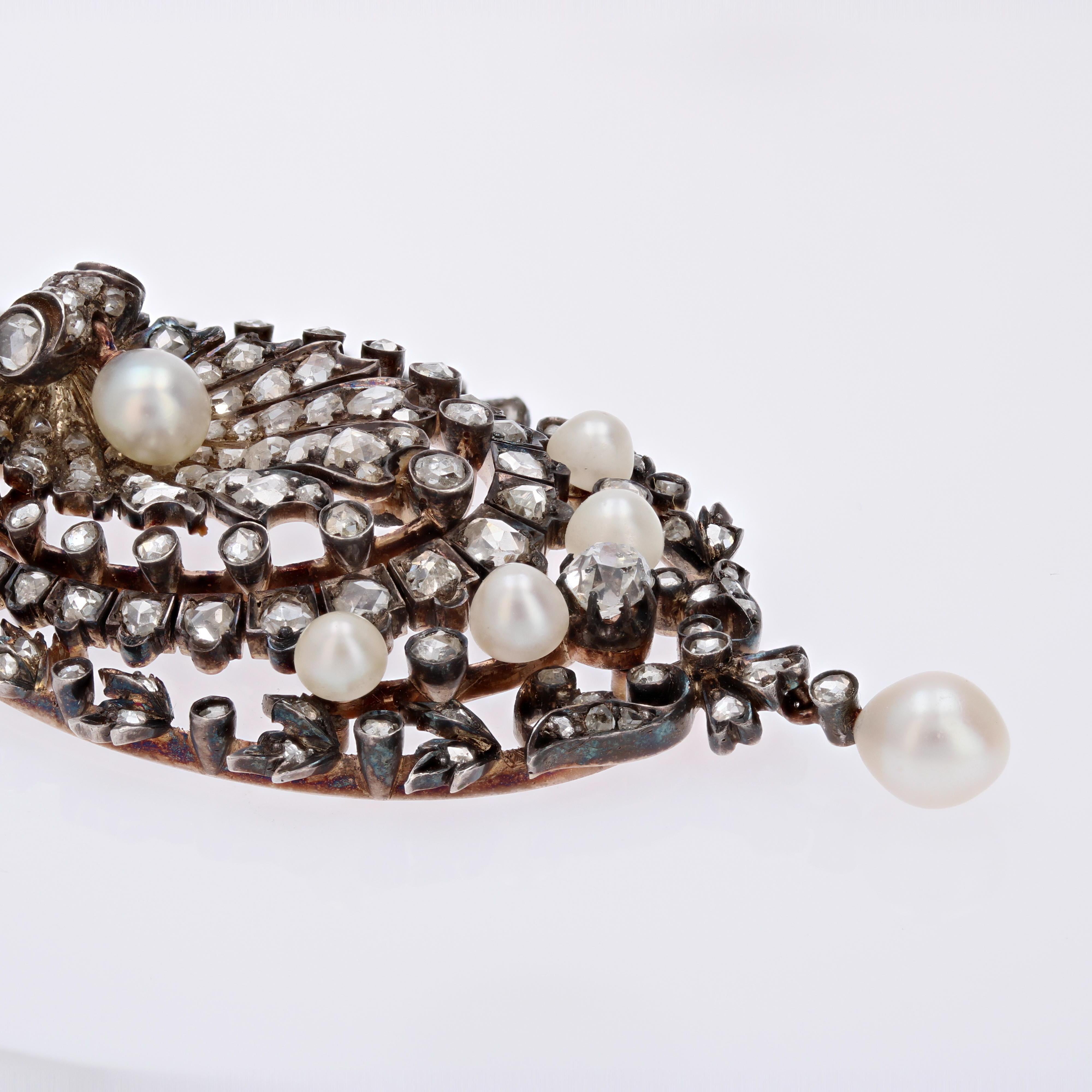 Anhänger aus Silber und 18 Karat Roségold mit Diamanten und feinen Perlen aus dem 19. Jahrhundert im Angebot 4