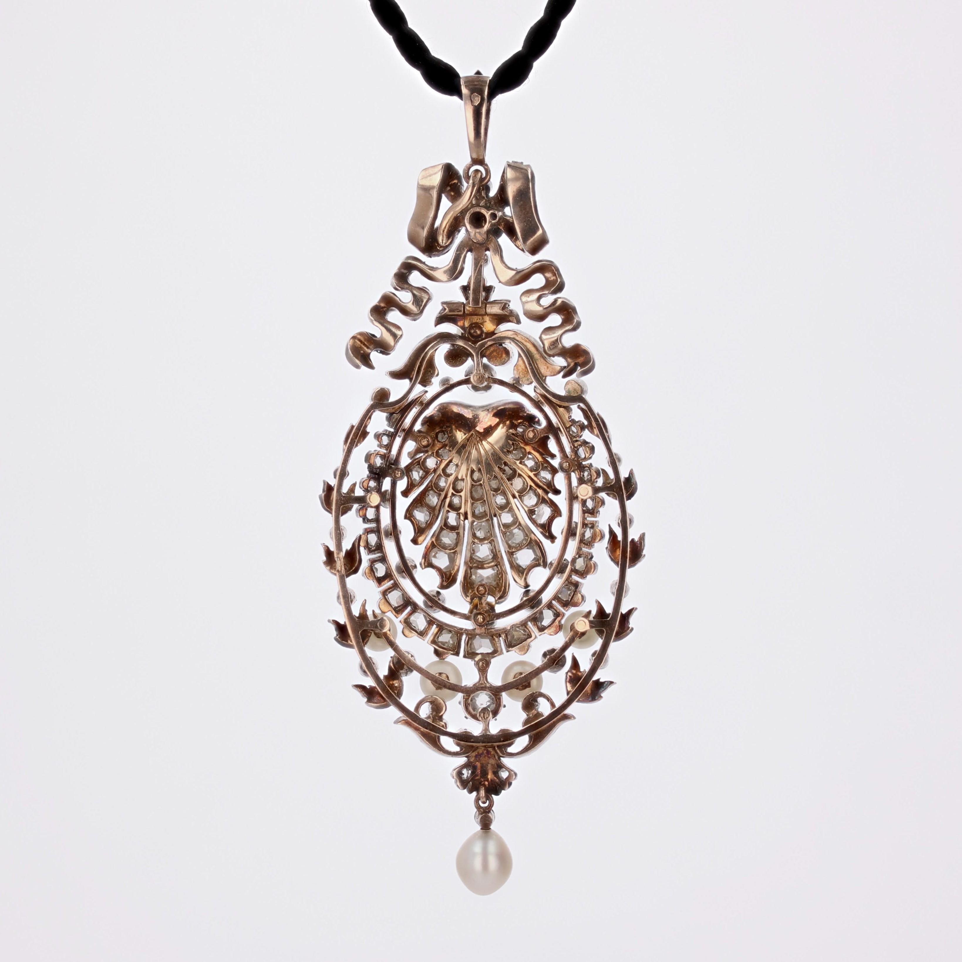 French 19th Century Diamonds and Fine Pearls Silver and 18 K Rose Gold Pendant For Sale 5