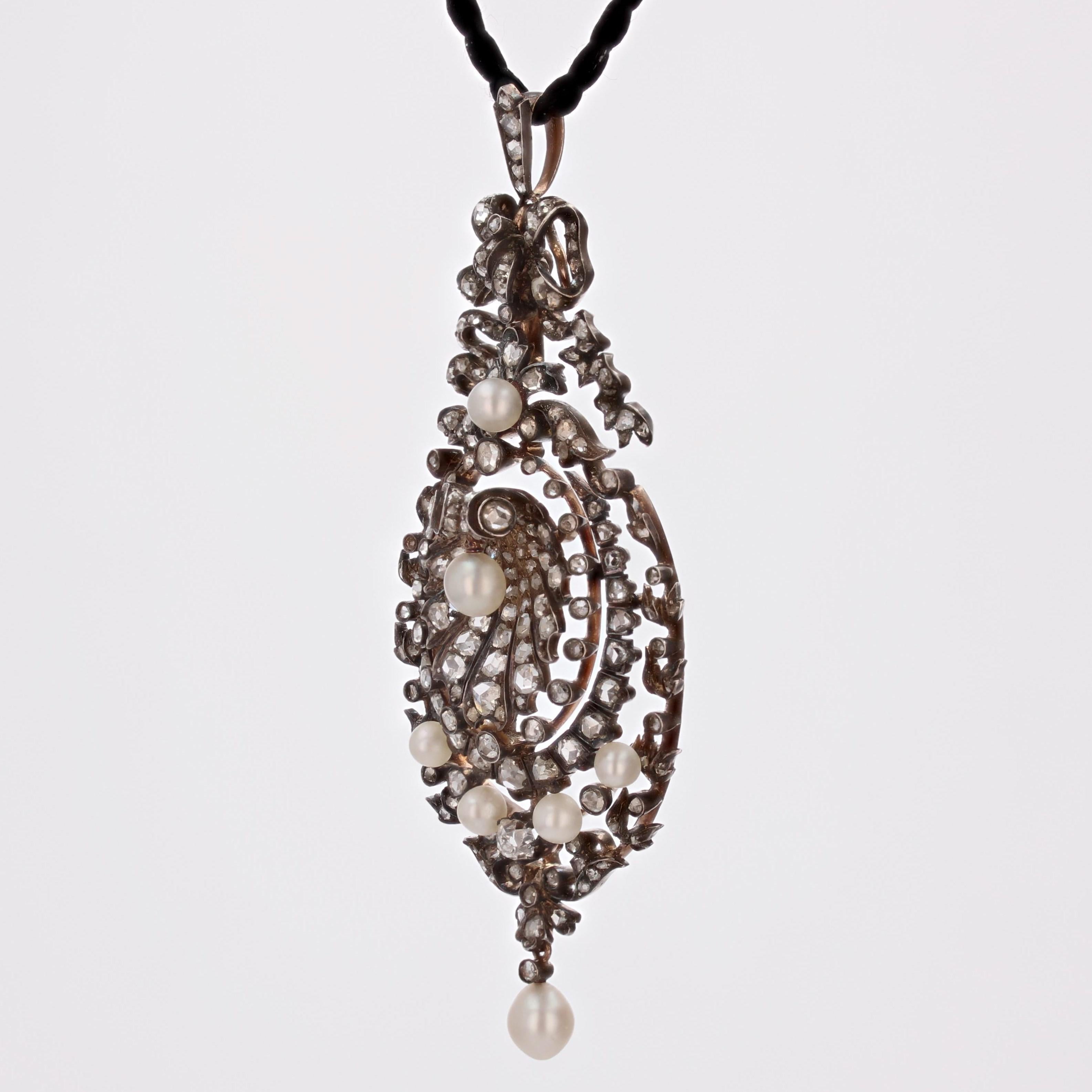 Anhänger aus Silber und 18 Karat Roségold mit Diamanten und feinen Perlen aus dem 19. Jahrhundert (Napoleon III.) im Angebot