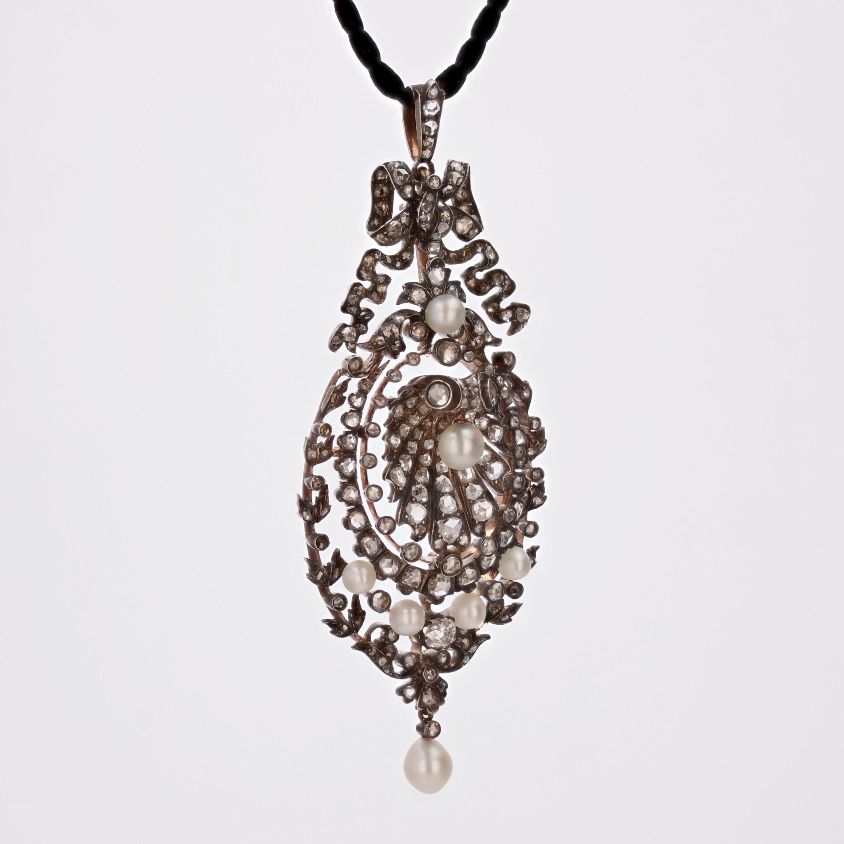 Taille coussin antique Pendentif en argent et or rose 18 K, diamants et perles fines, France, 19e siècle en vente