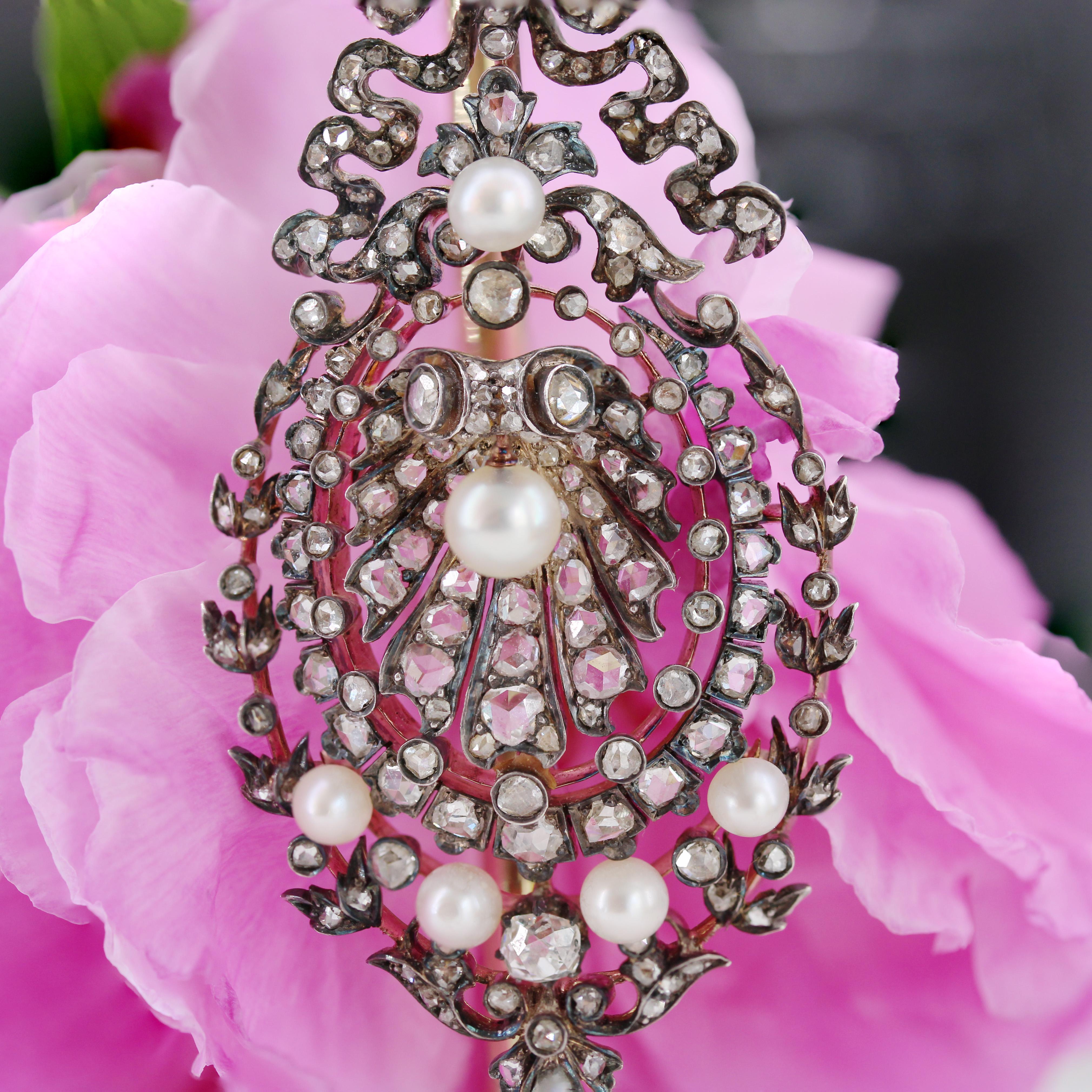 Women's French 19th Century Diamonds and Fine Pearls Silver and 18 K Rose Gold Pendant For Sale
