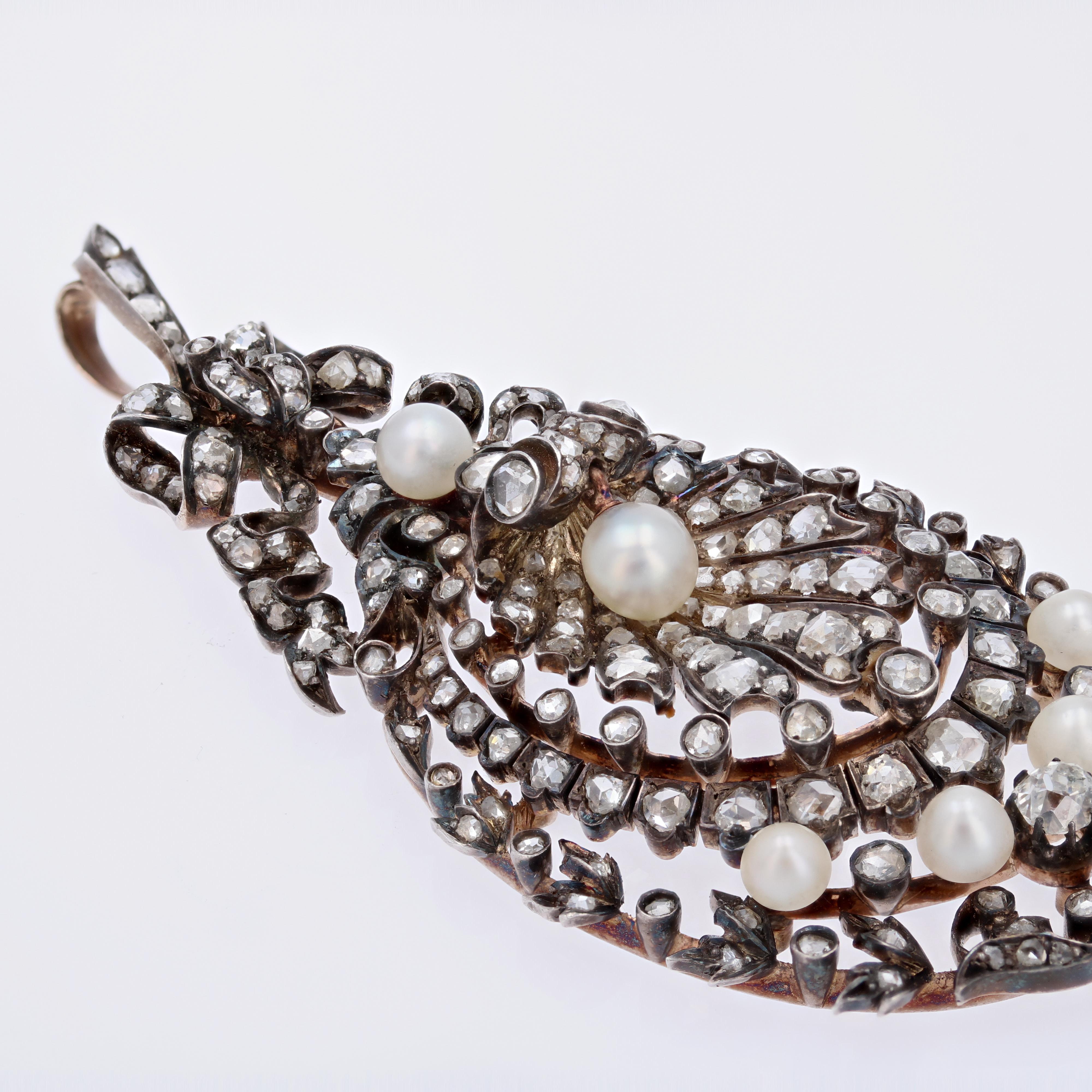 French 19th Century Diamonds and Fine Pearls Silver and 18 K Rose Gold Pendant For Sale 2