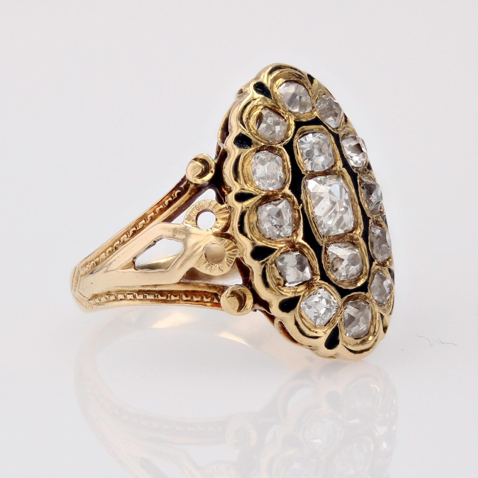 French 19th Century Diamonds Black Enamel Marquise Ring For Sale 4