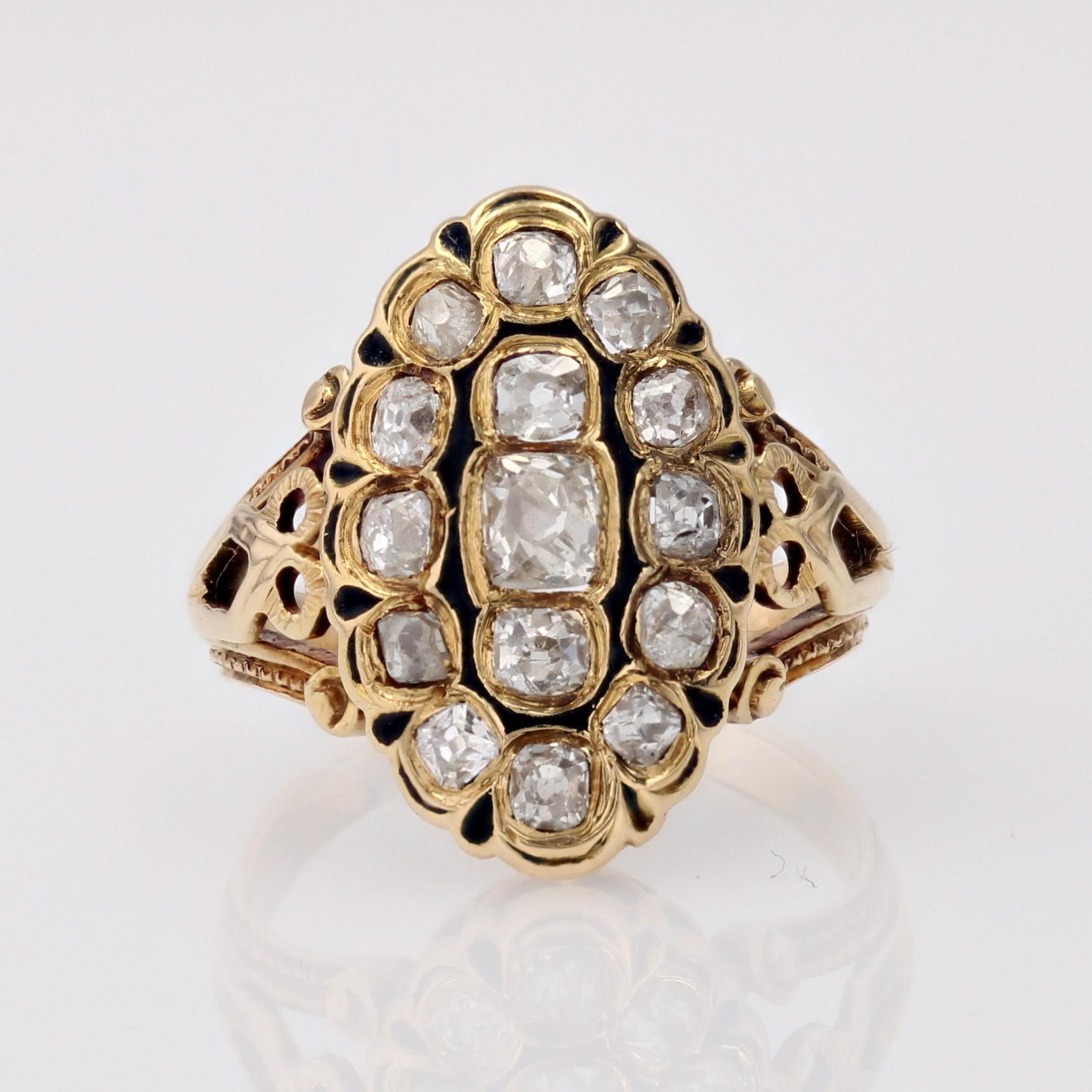 French 19th Century Diamonds Black Enamel Marquise Ring For Sale 8