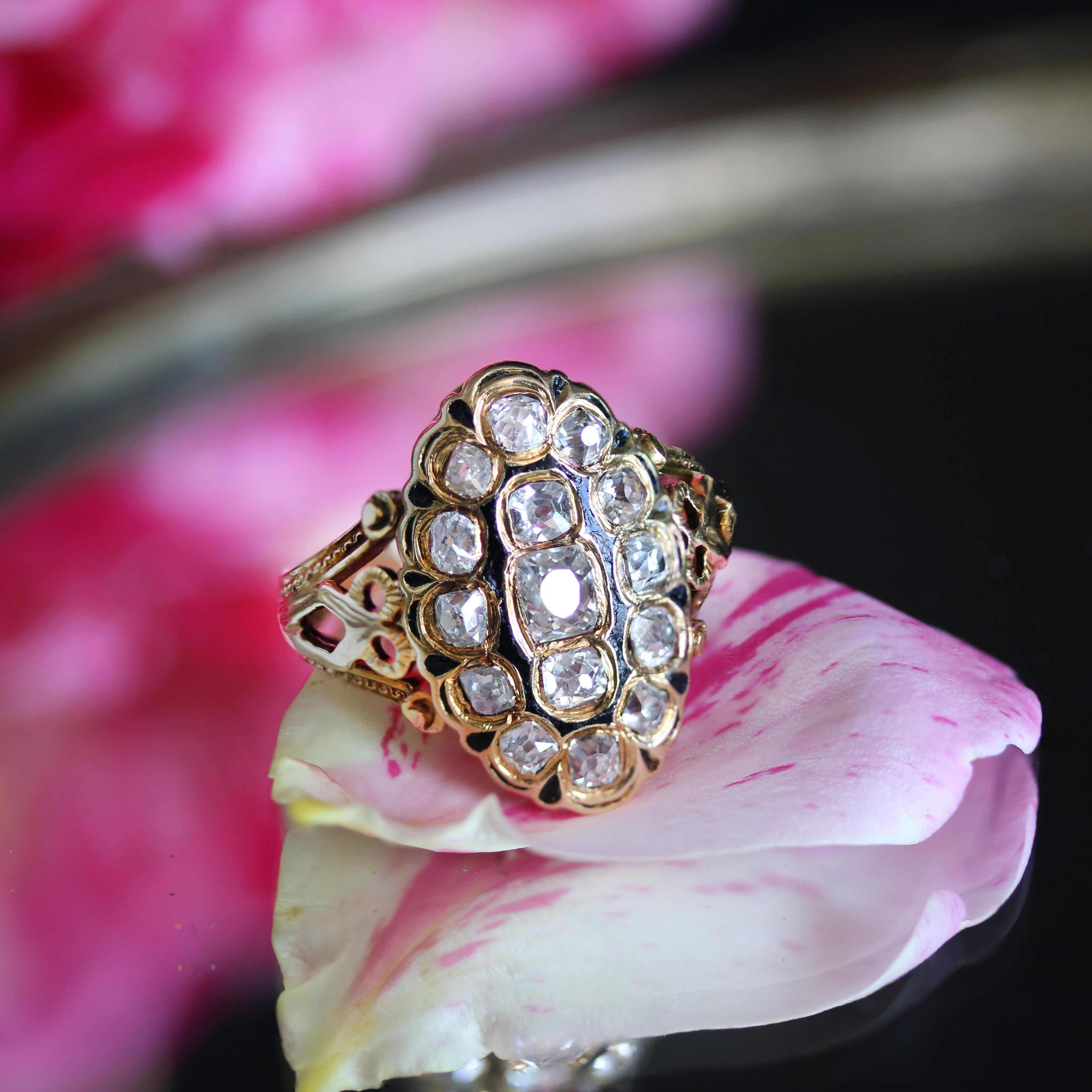 Napoleon III French 19th Century Diamonds Black Enamel Marquise Ring For Sale