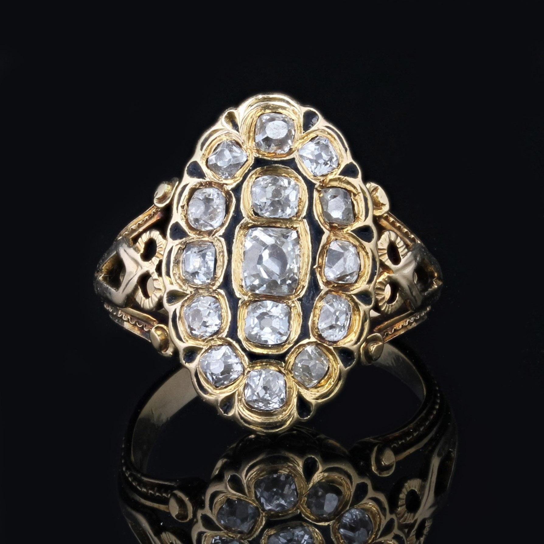 French 19th Century Diamonds Black Enamel Marquise Ring In Good Condition For Sale In Poitiers, FR
