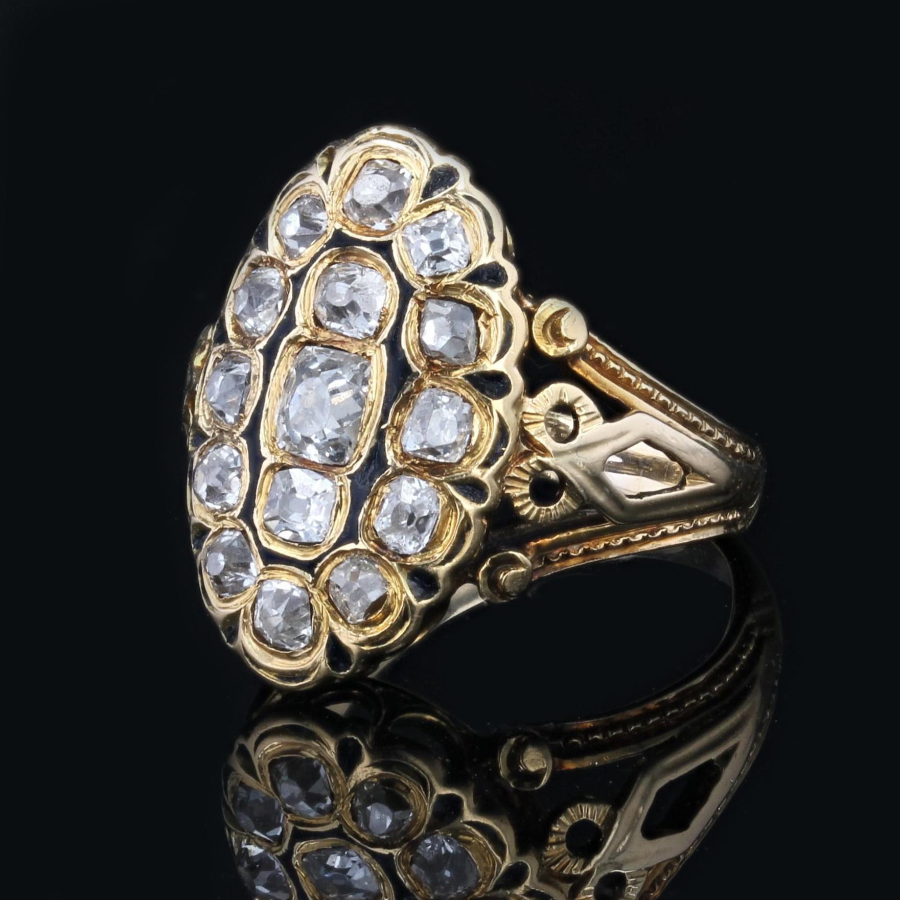 French 19th Century Diamonds Black Enamel Marquise Ring For Sale 1