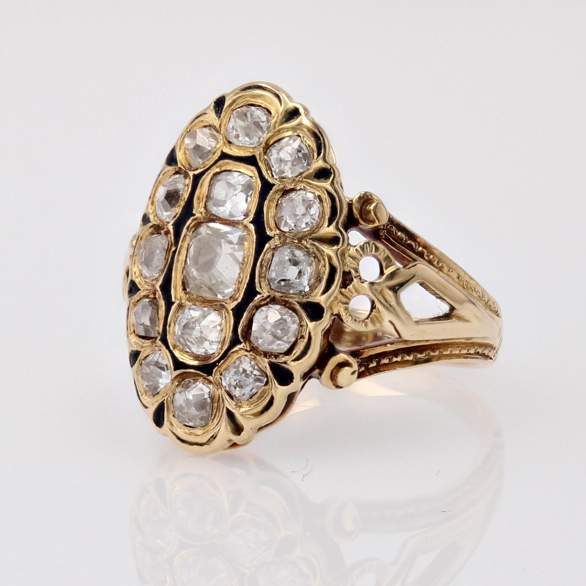 French 19th Century Diamonds Black Enamel Marquise Ring For Sale 2