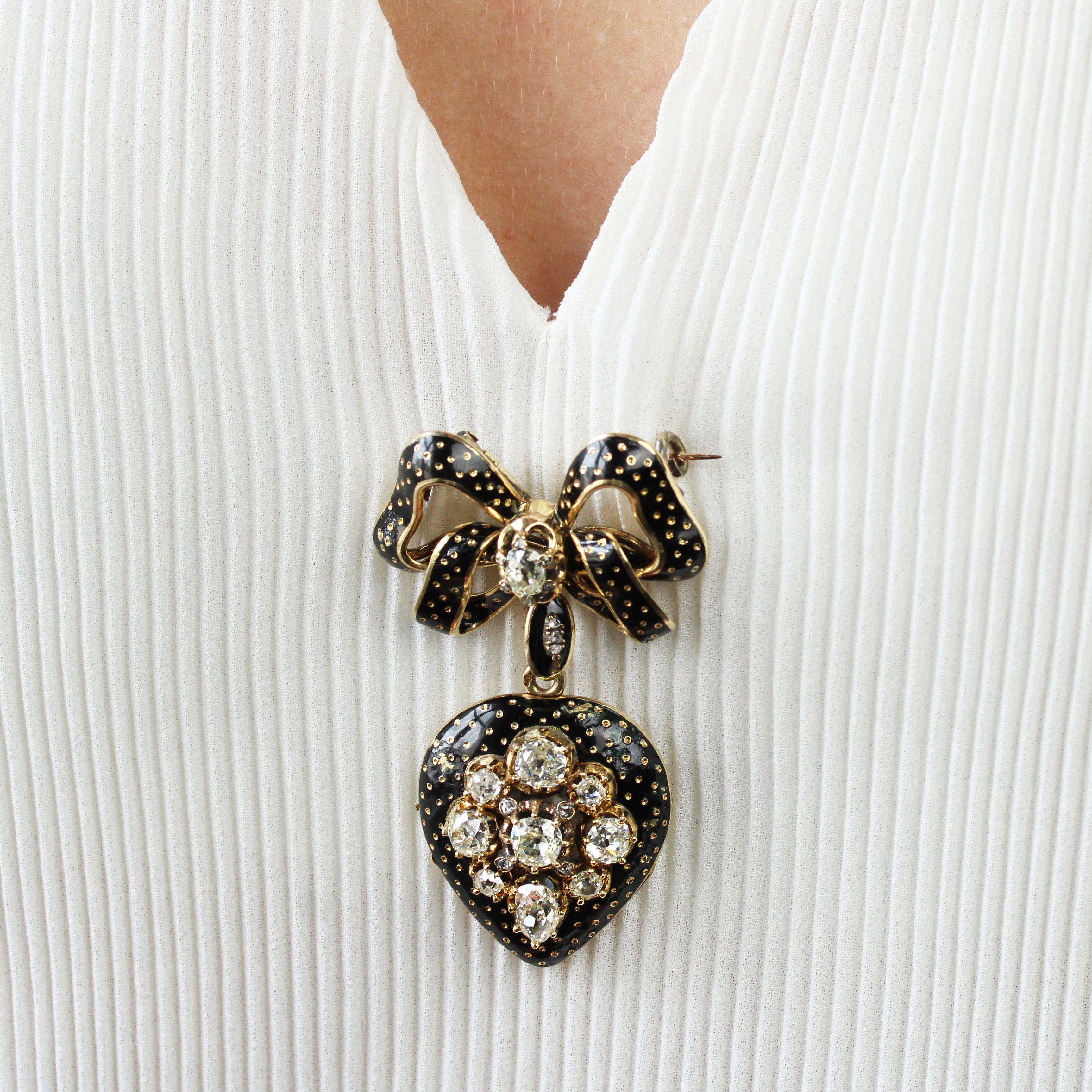 Französische Medaillon-Anhänger-Brosche aus 18 Karat Gelbgold mit Diamanten und Emaille aus dem 19. Jahrhundert im Angebot 6