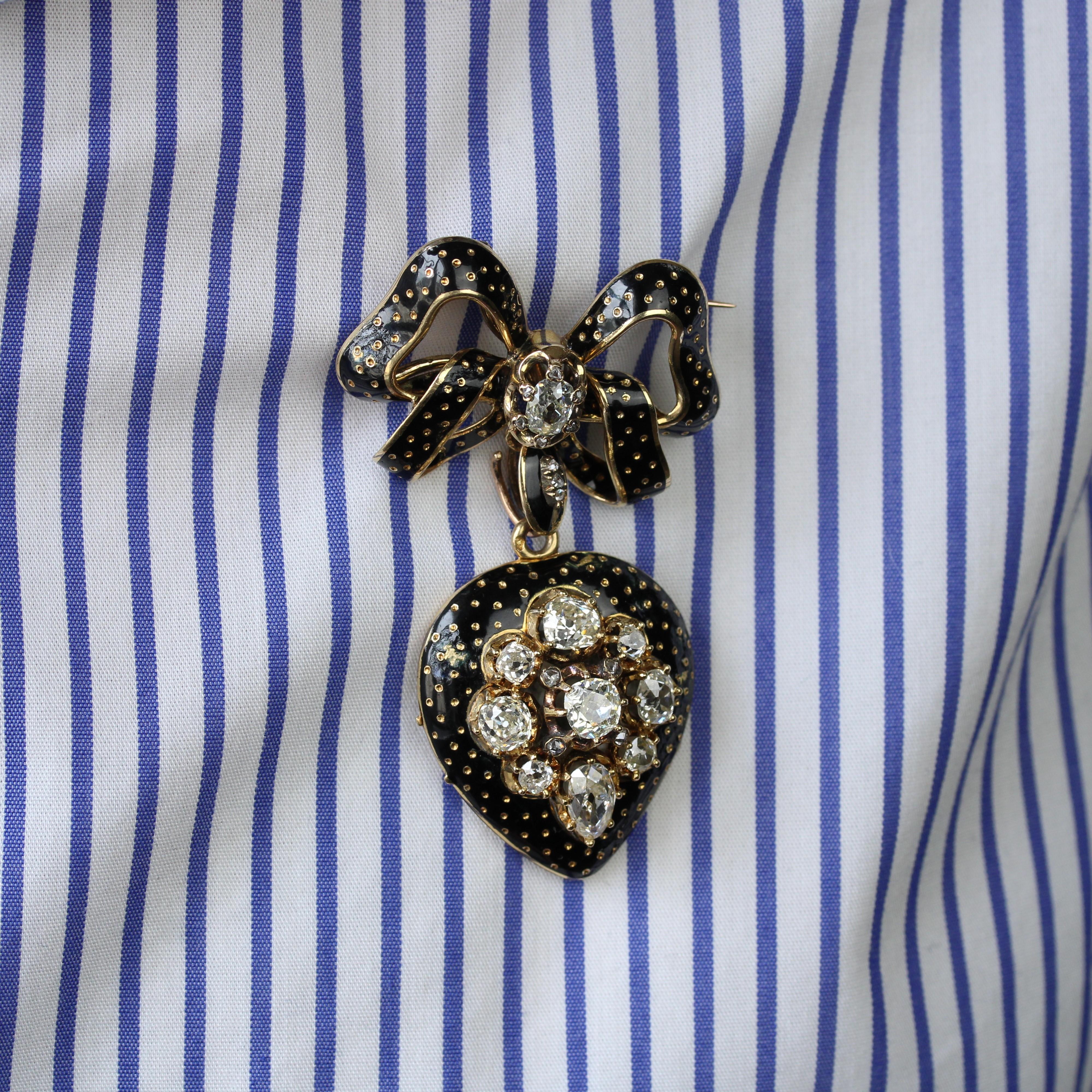 Französische Medaillon-Anhänger-Brosche aus 18 Karat Gelbgold mit Diamanten und Emaille aus dem 19. Jahrhundert im Angebot 8
