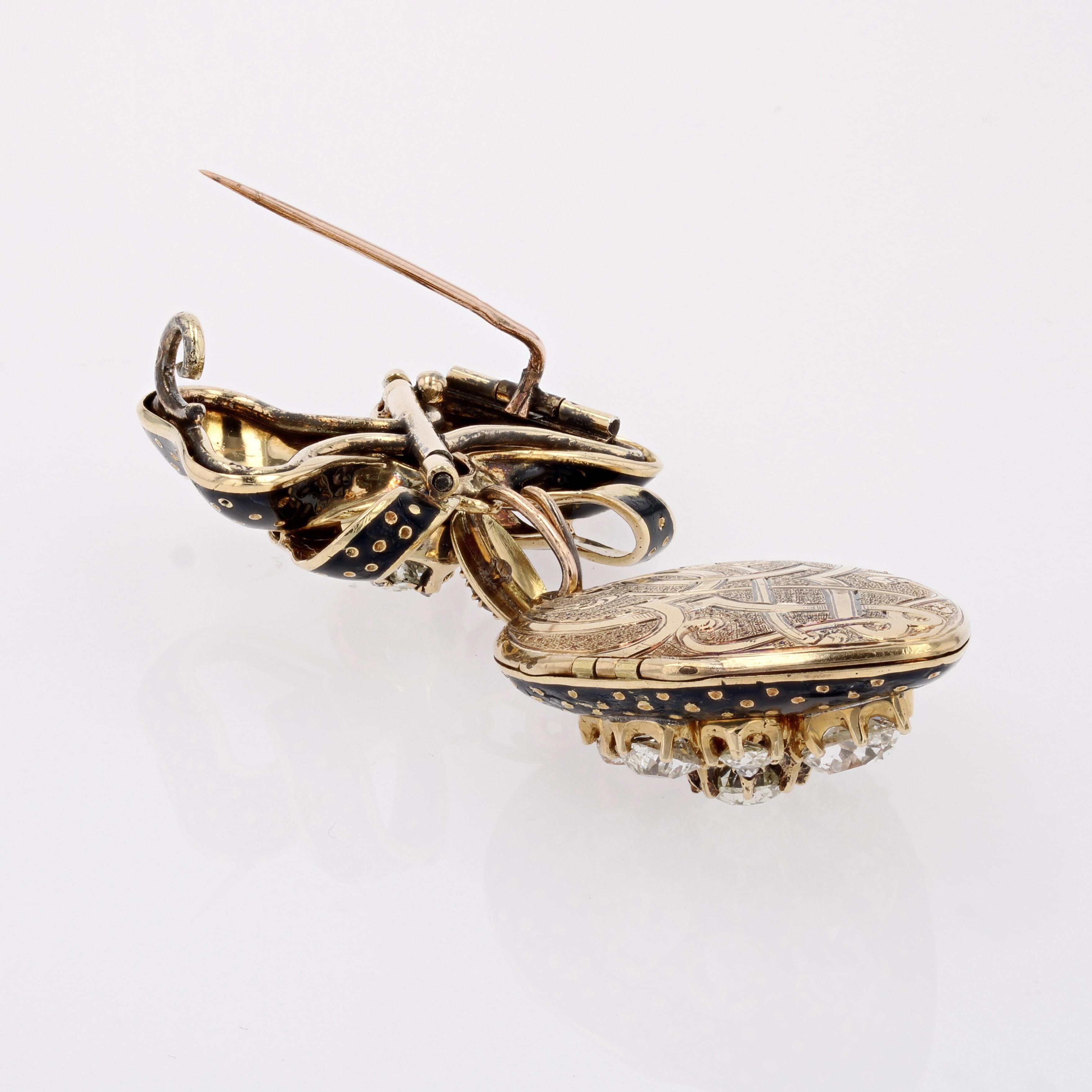Französische Medaillon-Anhänger-Brosche aus 18 Karat Gelbgold mit Diamanten und Emaille aus dem 19. Jahrhundert im Angebot 13