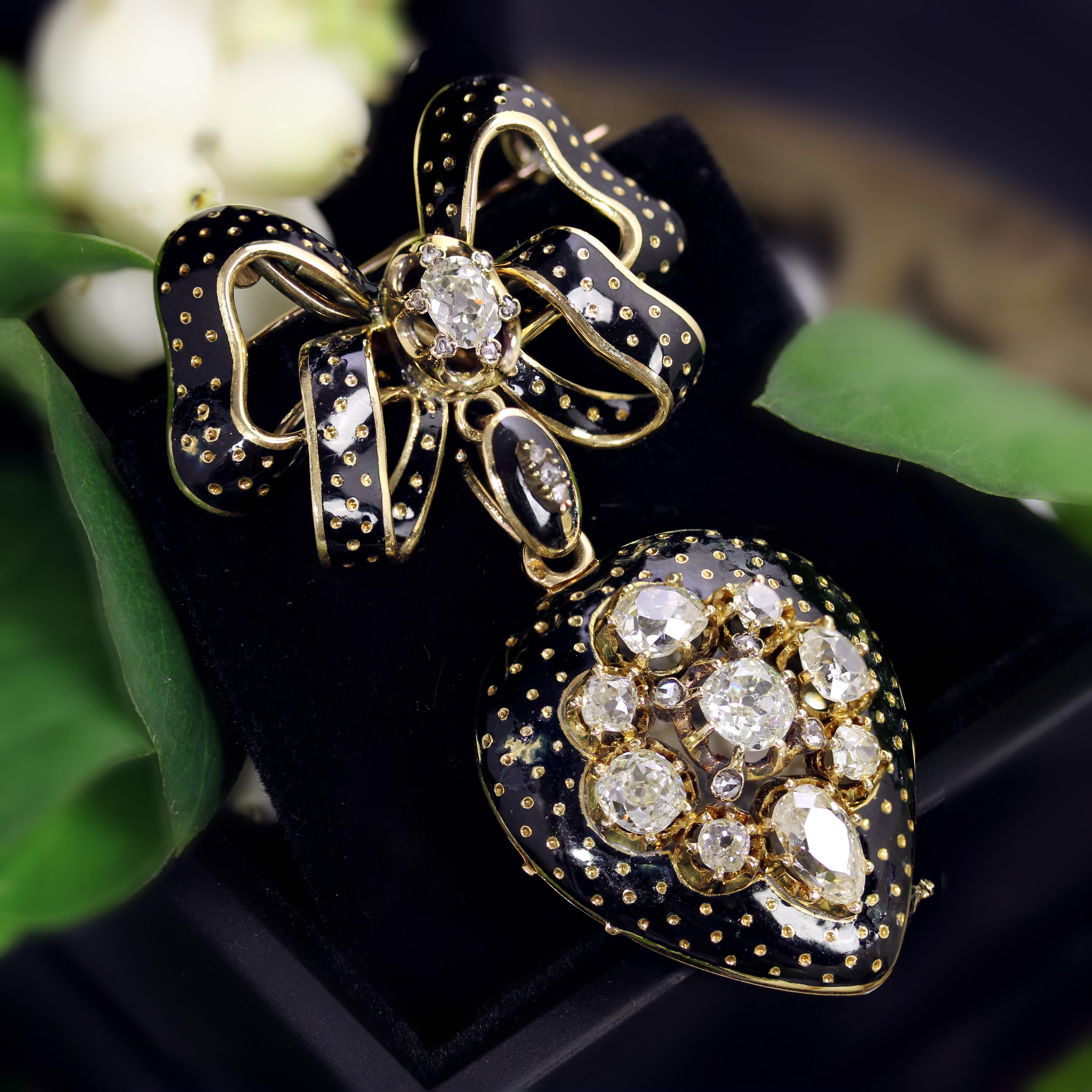 Französische Medaillon-Anhänger-Brosche aus 18 Karat Gelbgold mit Diamanten und Emaille aus dem 19. Jahrhundert (Napoleon III.) im Angebot