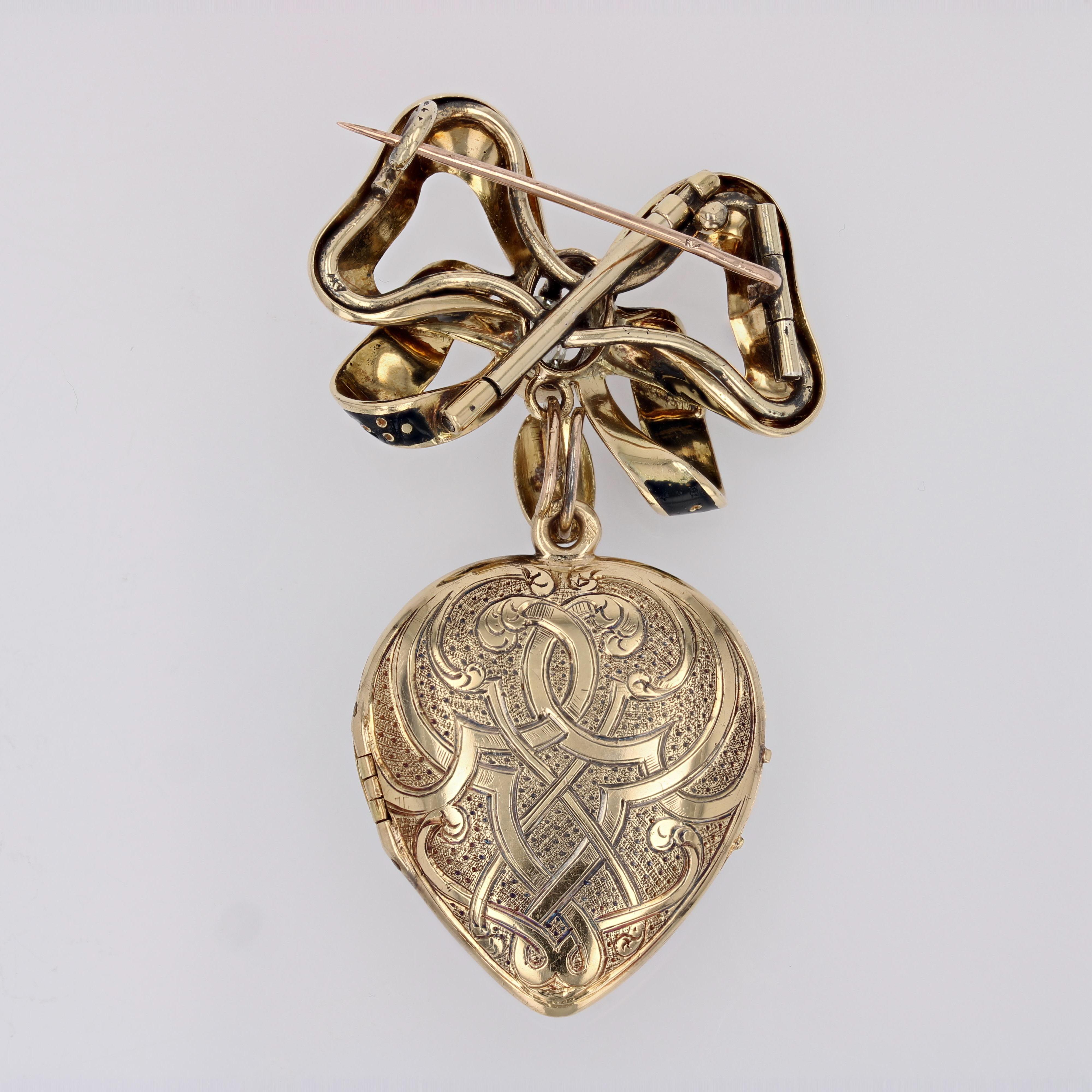 Französische Medaillon-Anhänger-Brosche aus 18 Karat Gelbgold mit Diamanten und Emaille aus dem 19. Jahrhundert im Zustand „Gut“ im Angebot in Poitiers, FR