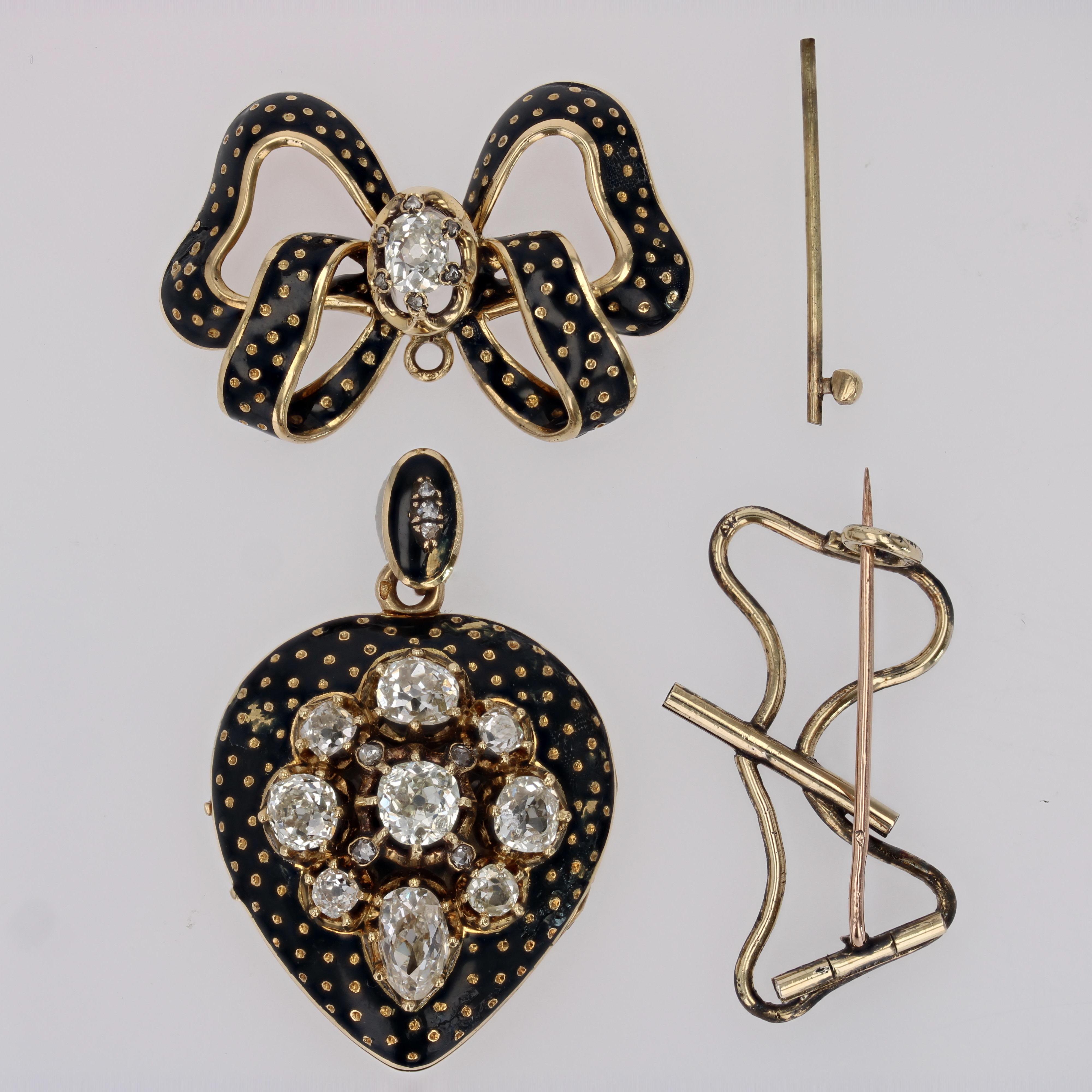 Französische Medaillon-Anhänger-Brosche aus 18 Karat Gelbgold mit Diamanten und Emaille aus dem 19. Jahrhundert Damen im Angebot