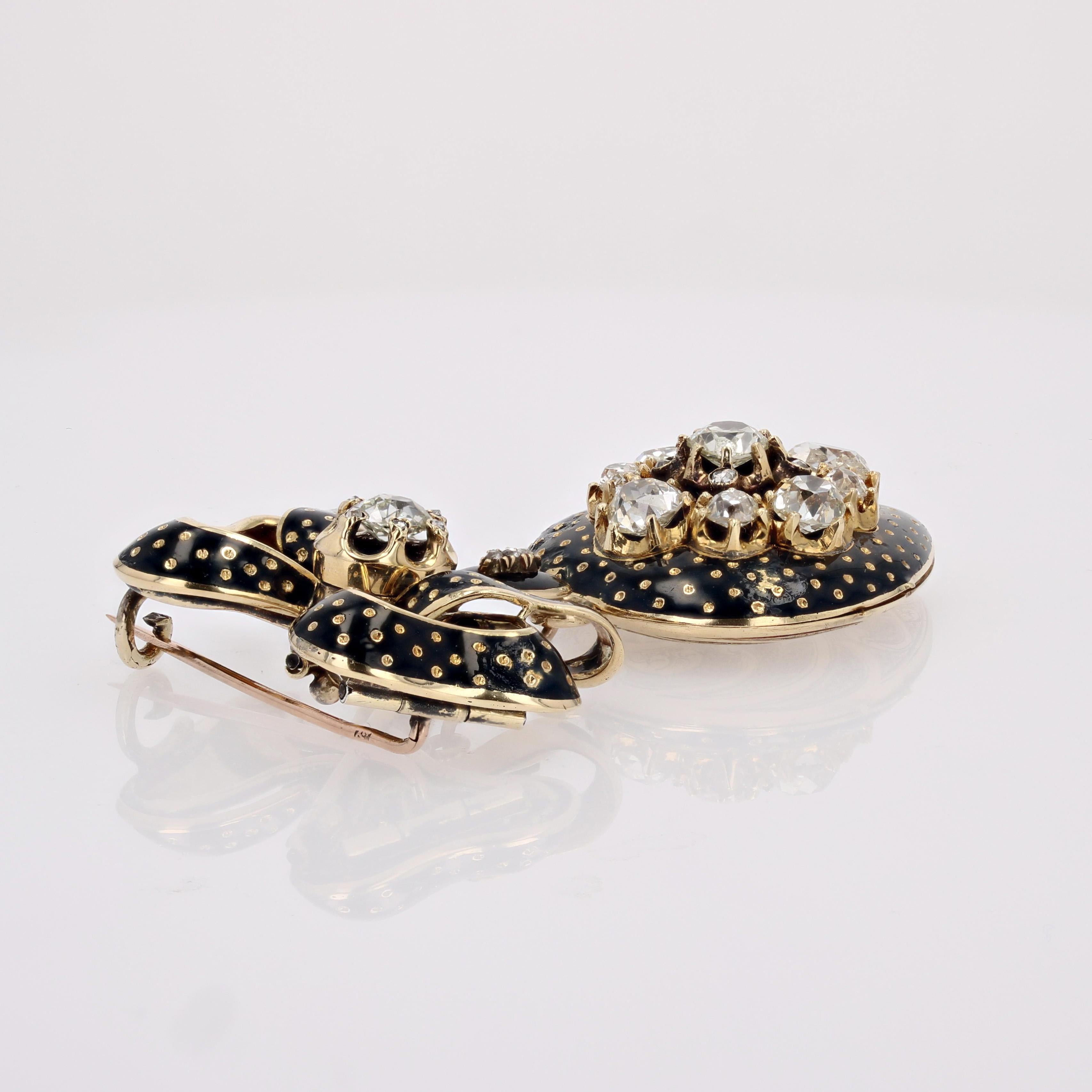 Französische Medaillon-Anhänger-Brosche aus 18 Karat Gelbgold mit Diamanten und Emaille aus dem 19. Jahrhundert im Angebot 2