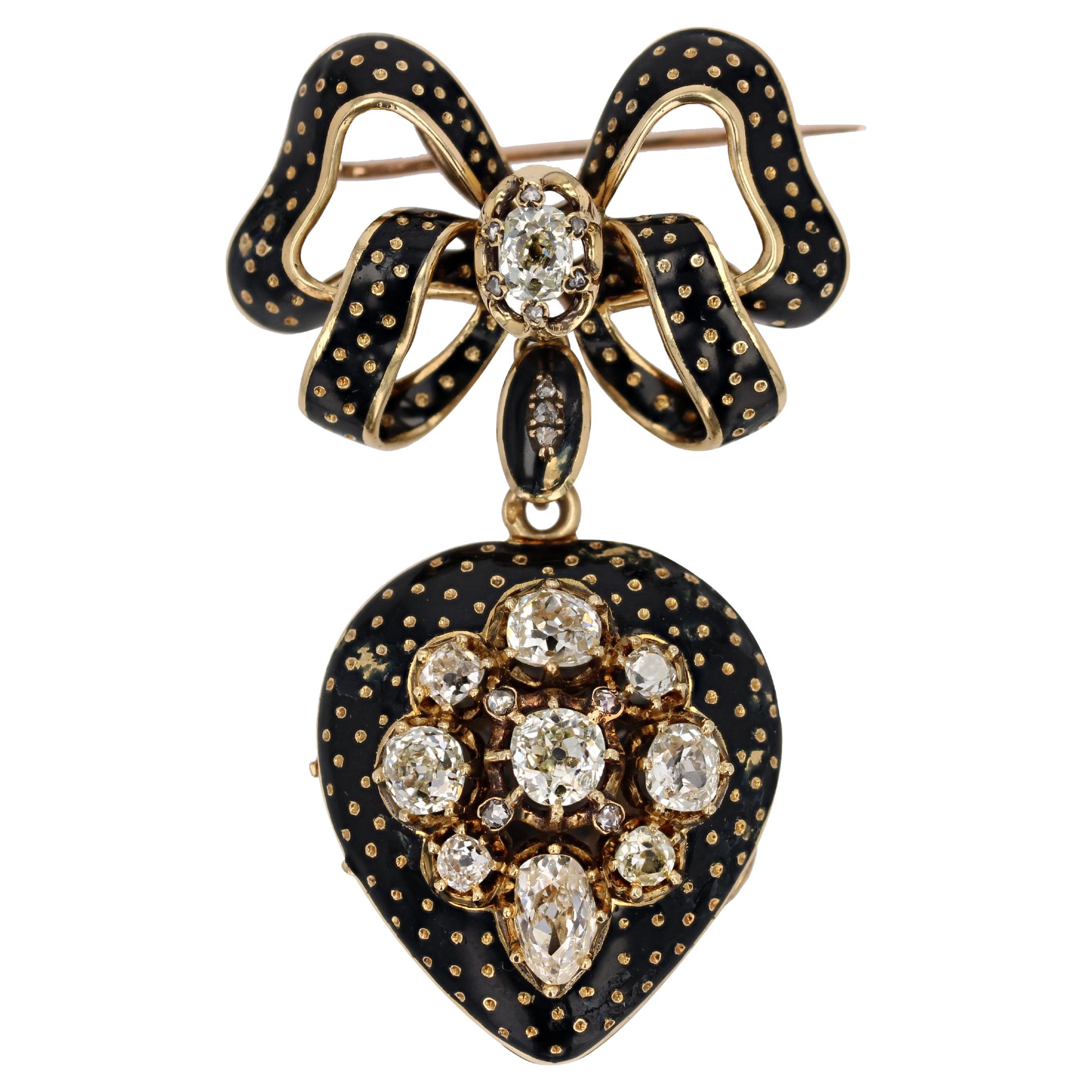 French 19th Century Diamonds Enamel 18 karat Yellow Gold Locket Pendant Brooch
