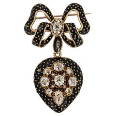 Broche Colgante Relicario Francés Siglo XIX Diamantes Esmalte Oro Amarillo 18 Quilates