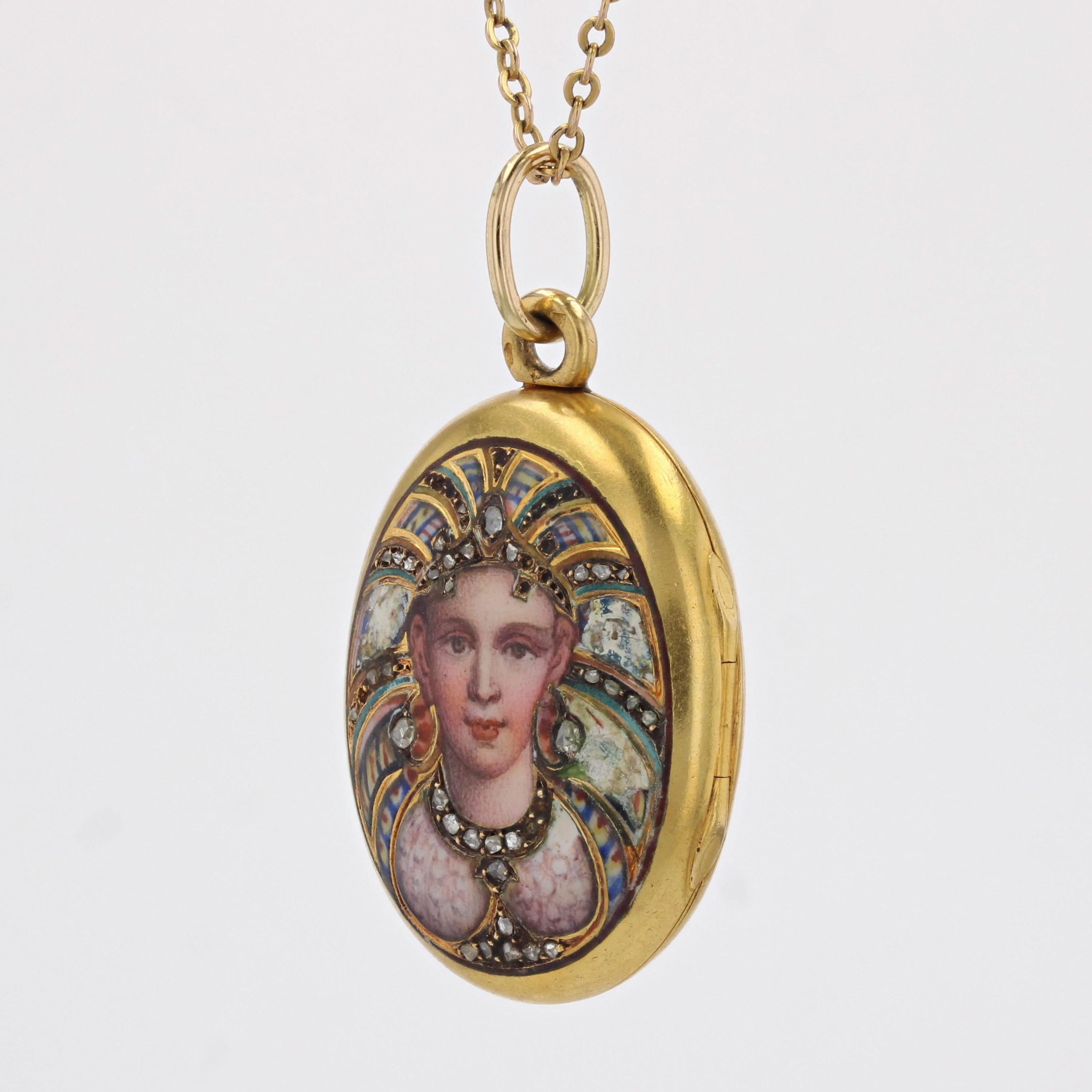 Rose Cut French 19th Century Diamonds Enamel 18 karat Yellow Gold Locket Pendant For Sale