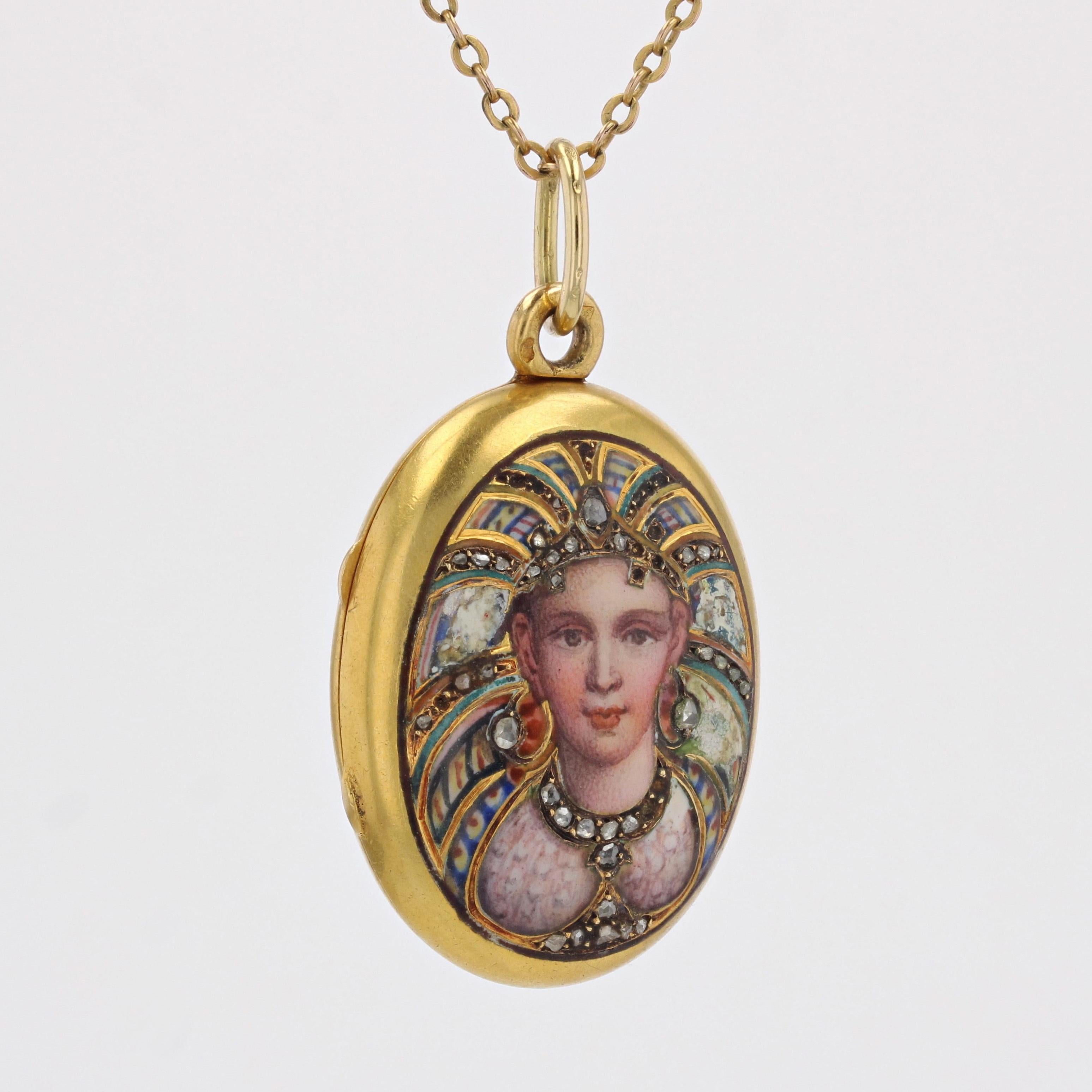 French 19th Century Diamonds Enamel 18 karat Yellow Gold Locket Pendant In Fair Condition For Sale In Poitiers, FR