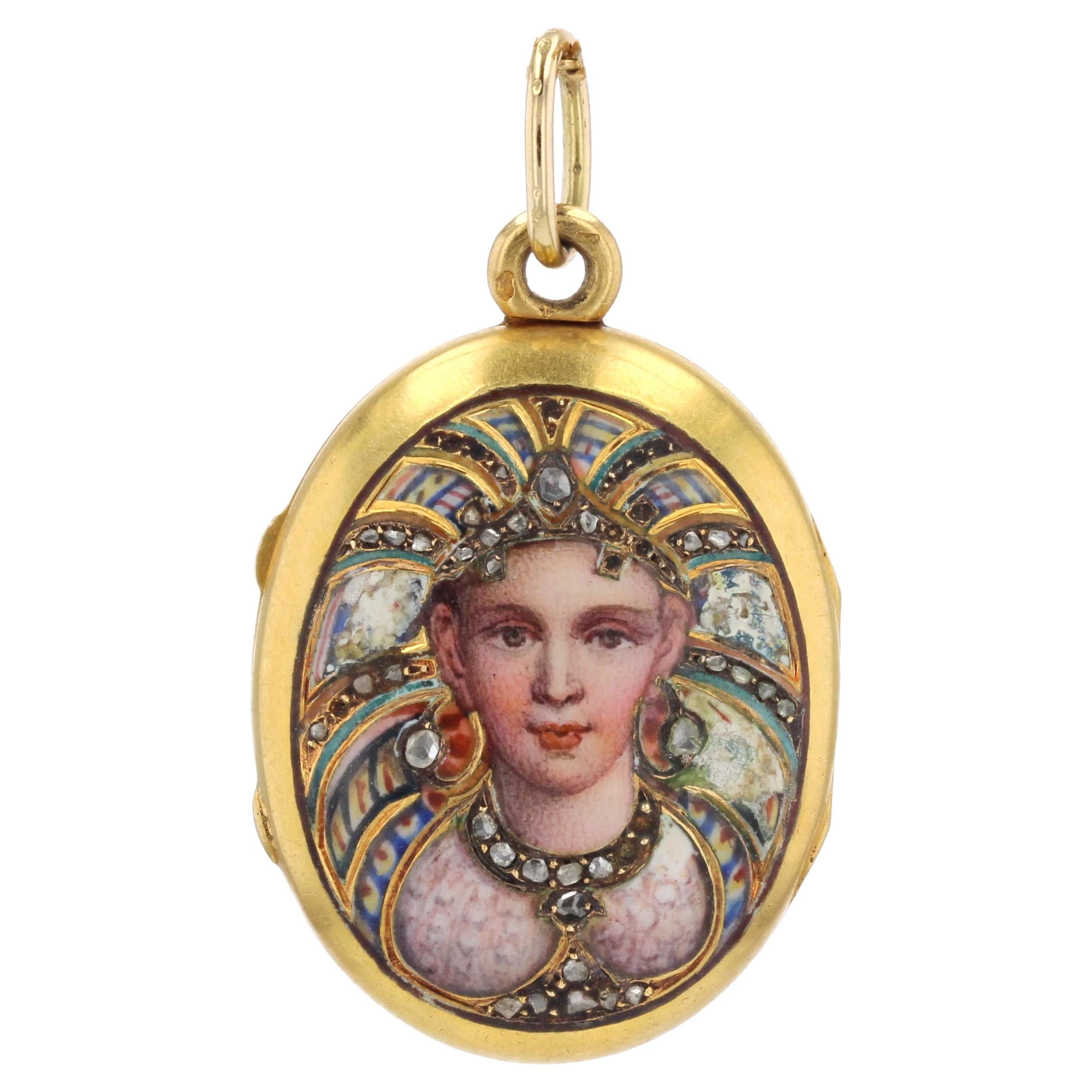 French 19th Century Diamonds Enamel 18 karat Yellow Gold Locket Pendant