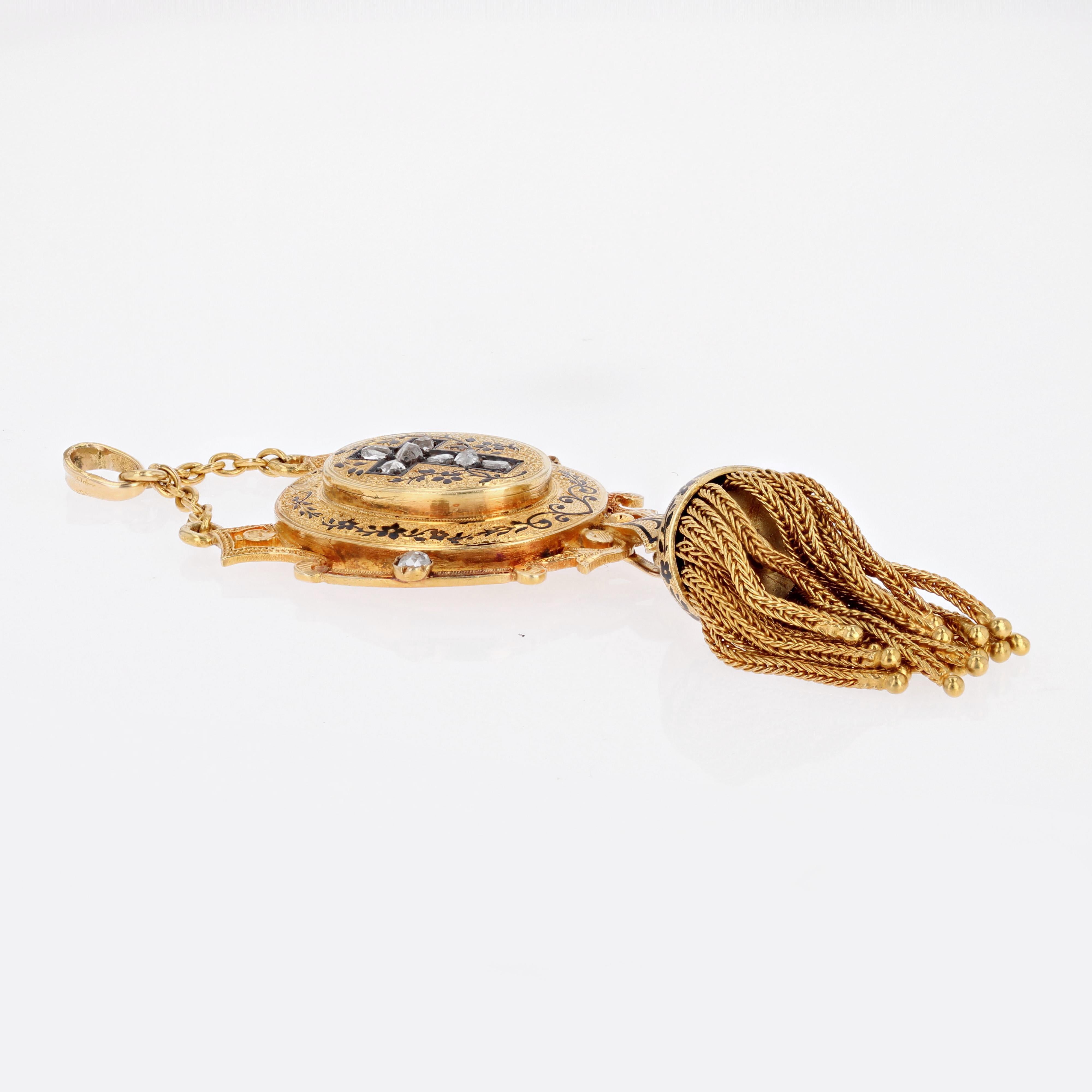 Rose Cut French 19th Century Diamonds Enamel 18 Karat Yellow gold Tassel Pendant For Sale