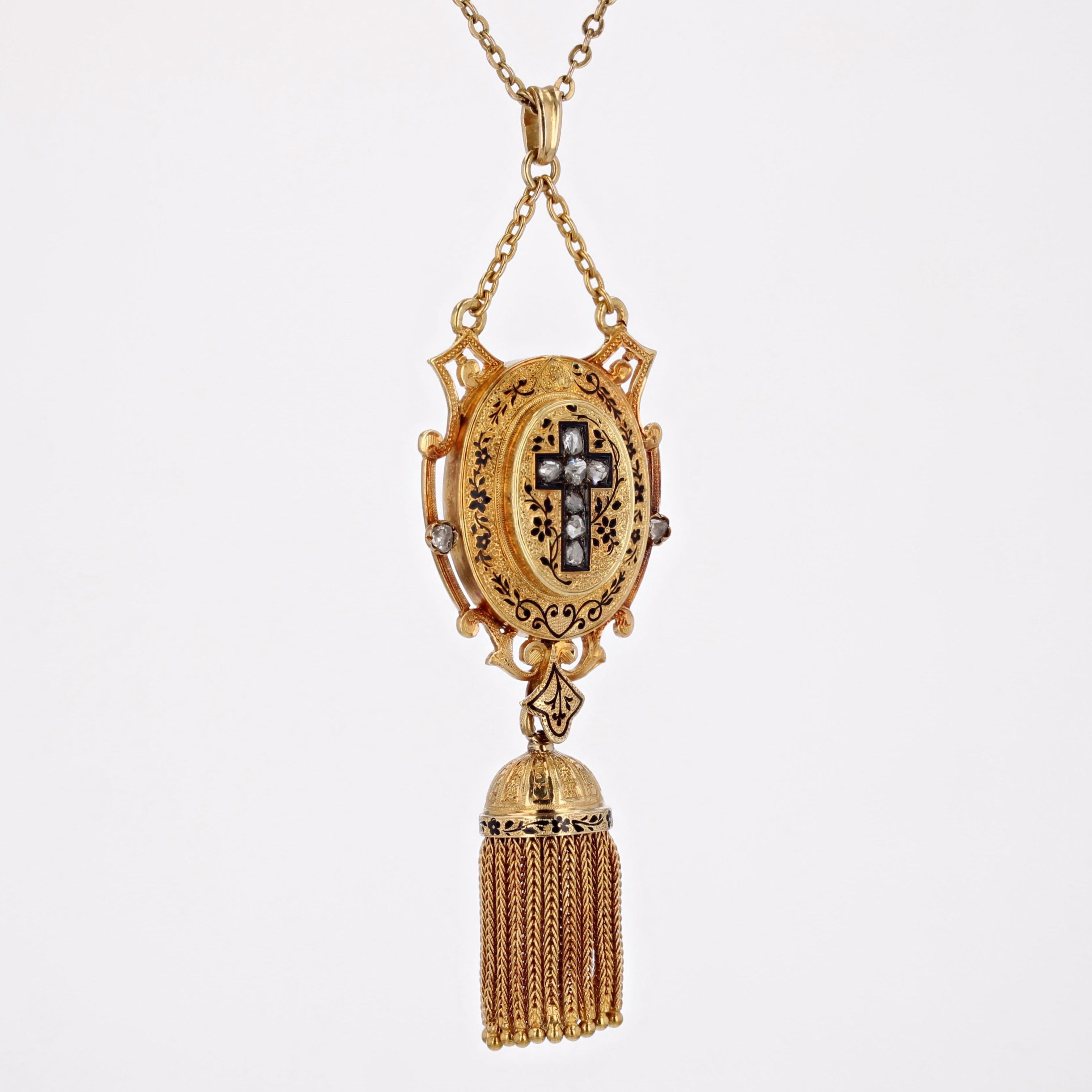 French 19th Century Diamonds Enamel 18 Karat Yellow gold Tassel Pendant In Good Condition For Sale In Poitiers, FR