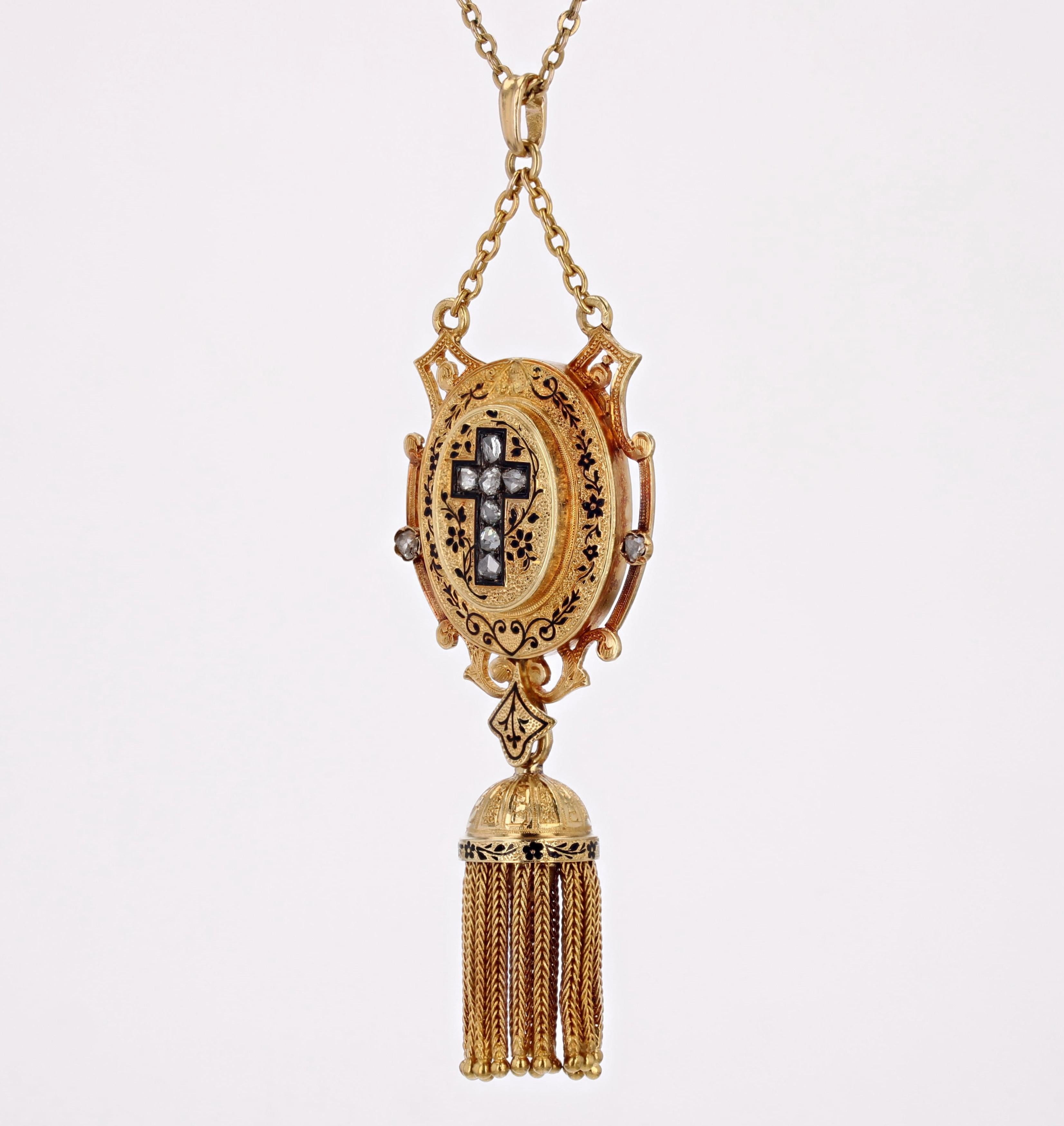Women's French 19th Century Diamonds Enamel 18 Karat Yellow gold Tassel Pendant For Sale