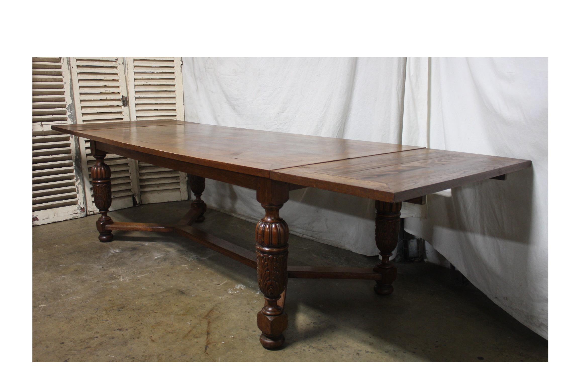 French 19th century dining table
Dimensions without the 2 extensions are 76.6in W x 39.25in D x 29.5in H
With the 2 extensions 118in W.