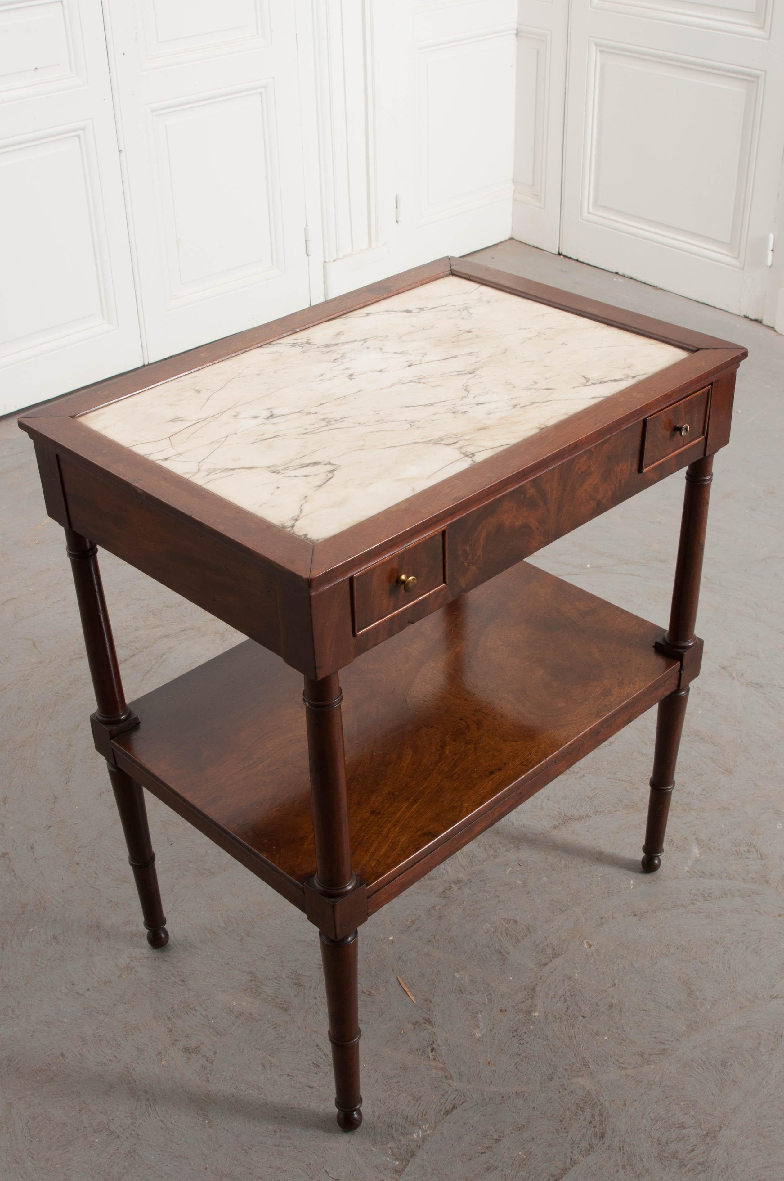 Turned French 19th Century Directoire Mahogany Marble-Top Occasional Table