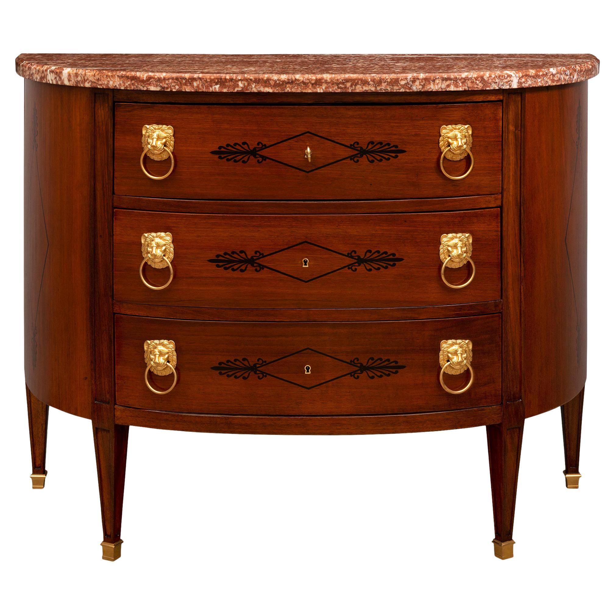 French 19th Century Directoire St. Walnut, Fruitwood, Ormolu and Marble Commode