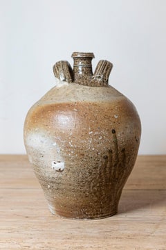 French 19th Century Double Handled Brown Glaze Pottery Jug with Rustic Character