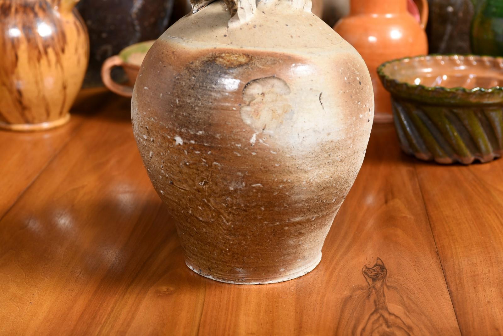 French 19th Century Double Handled Brown Glaze Pottery Jug with Rustic Character In Good Condition For Sale In Atlanta, GA