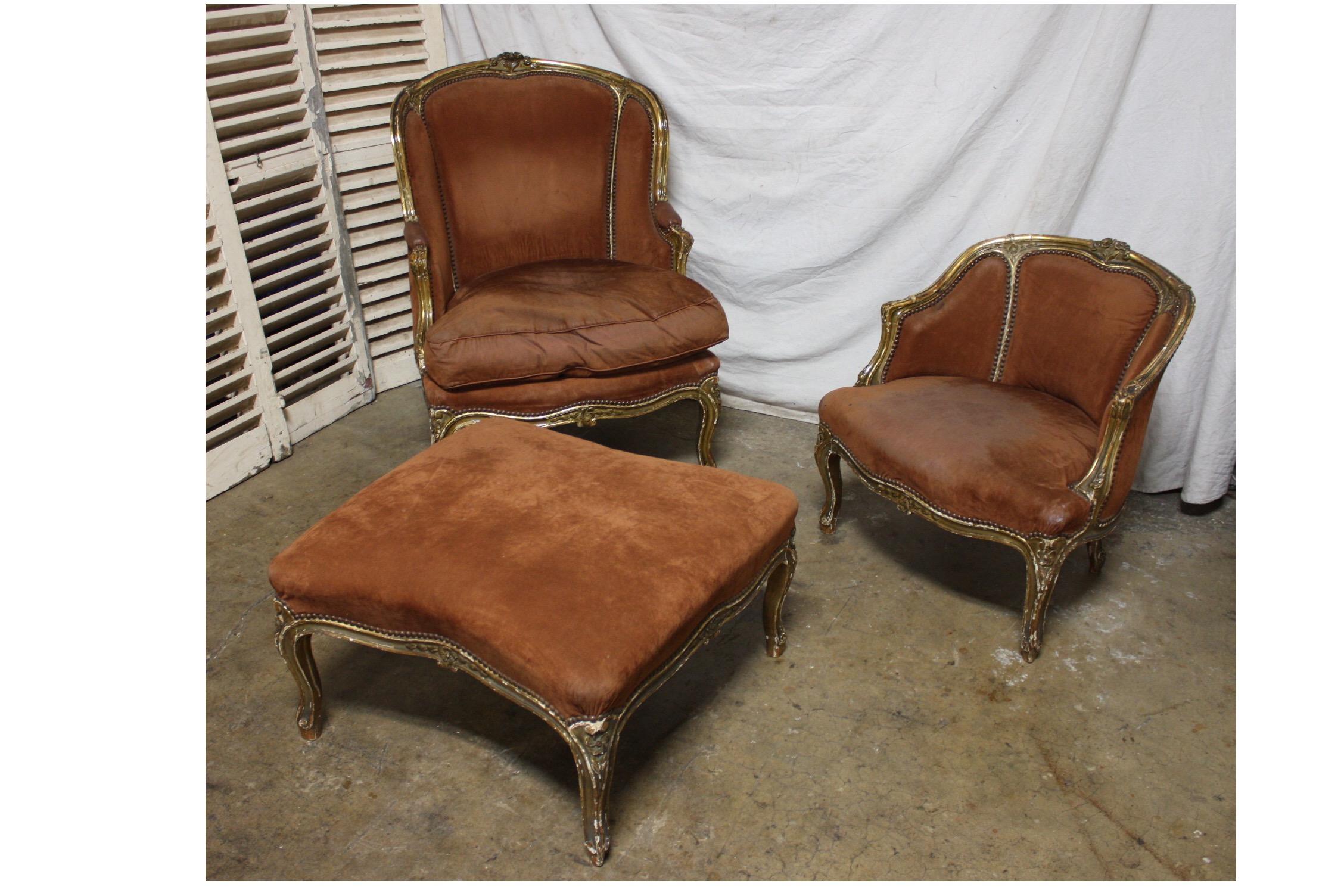 French 19th century Duchesse Brisee. 
Dimensions of the large bergere is 28'' W x 32'' D x 39'' H
Dimensions of the ottoman is 28'' W x 17'' H
Dimensions of the small bergere is 26'' W x 25'' D x 17'' H.