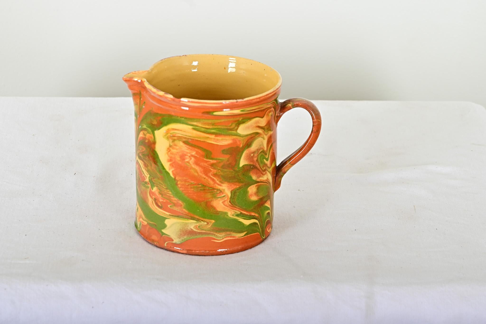 French Provincial French 19th Century Earthenware Marbled Glaze Pitcher For Sale