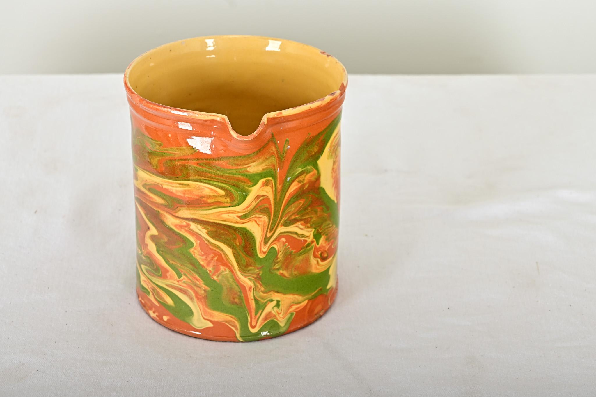 Hand-Painted French 19th Century Earthenware Marbled Glaze Pitcher For Sale