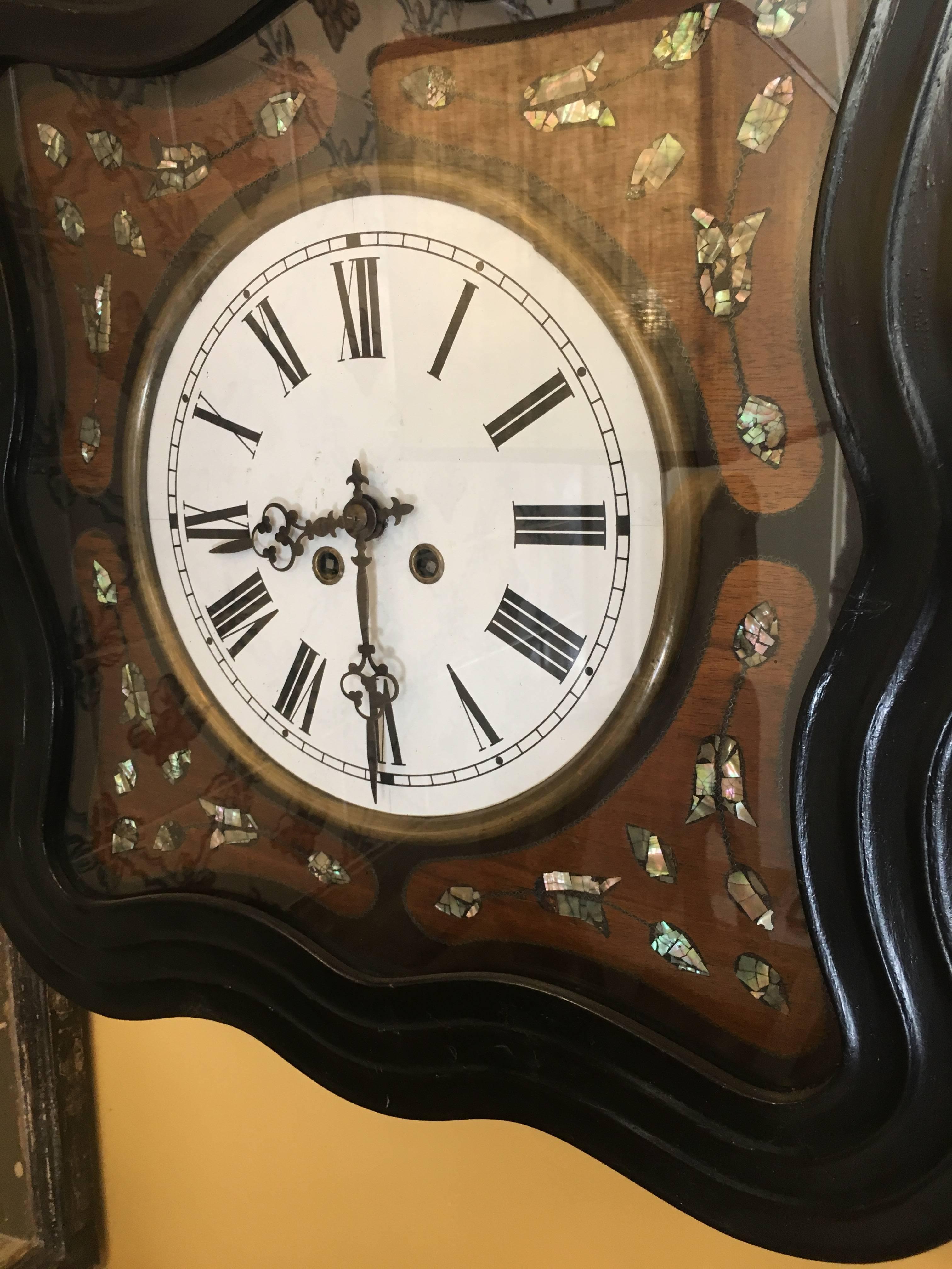 Napoleon III French 19th Century Ebonized and Mother-of-Pearl Inlay Wall Clock For Sale