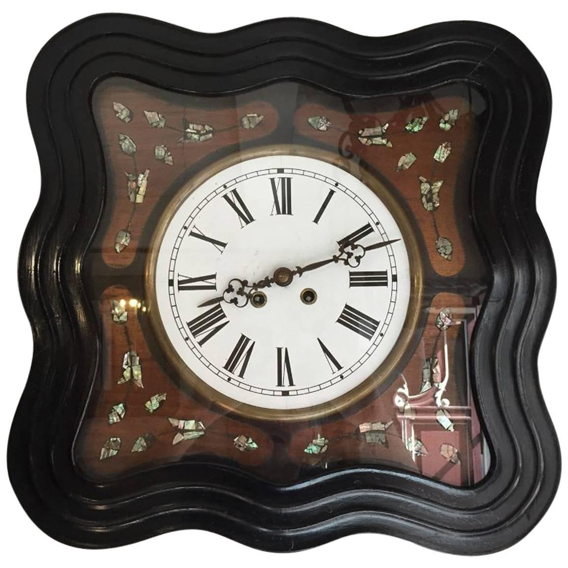 French 19th Century Ebonized and Mother-of-Pearl Inlay Wall Clock For Sale