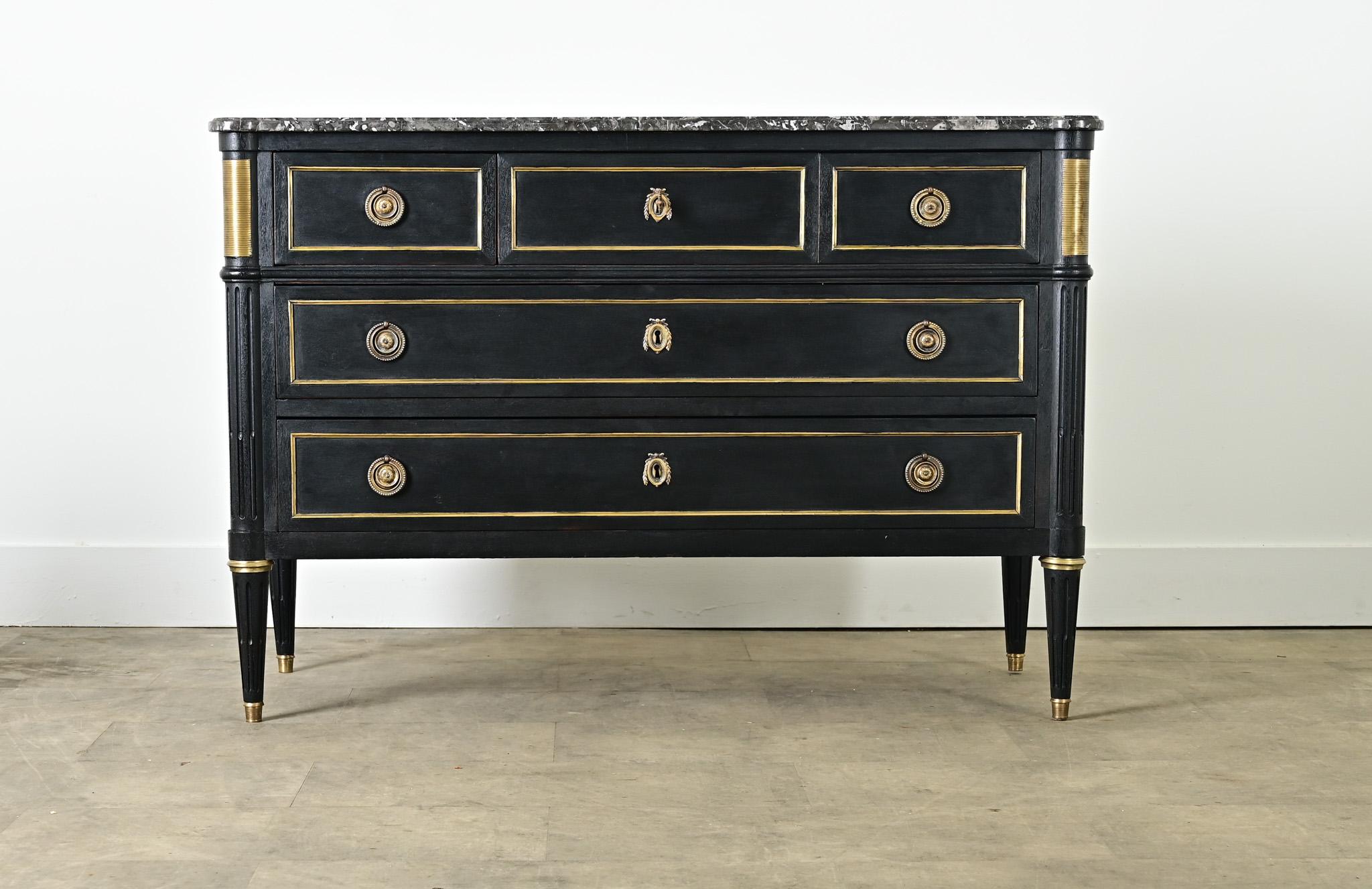 Carved French 19th Century Ebonized Louis XVI Style Commode For Sale