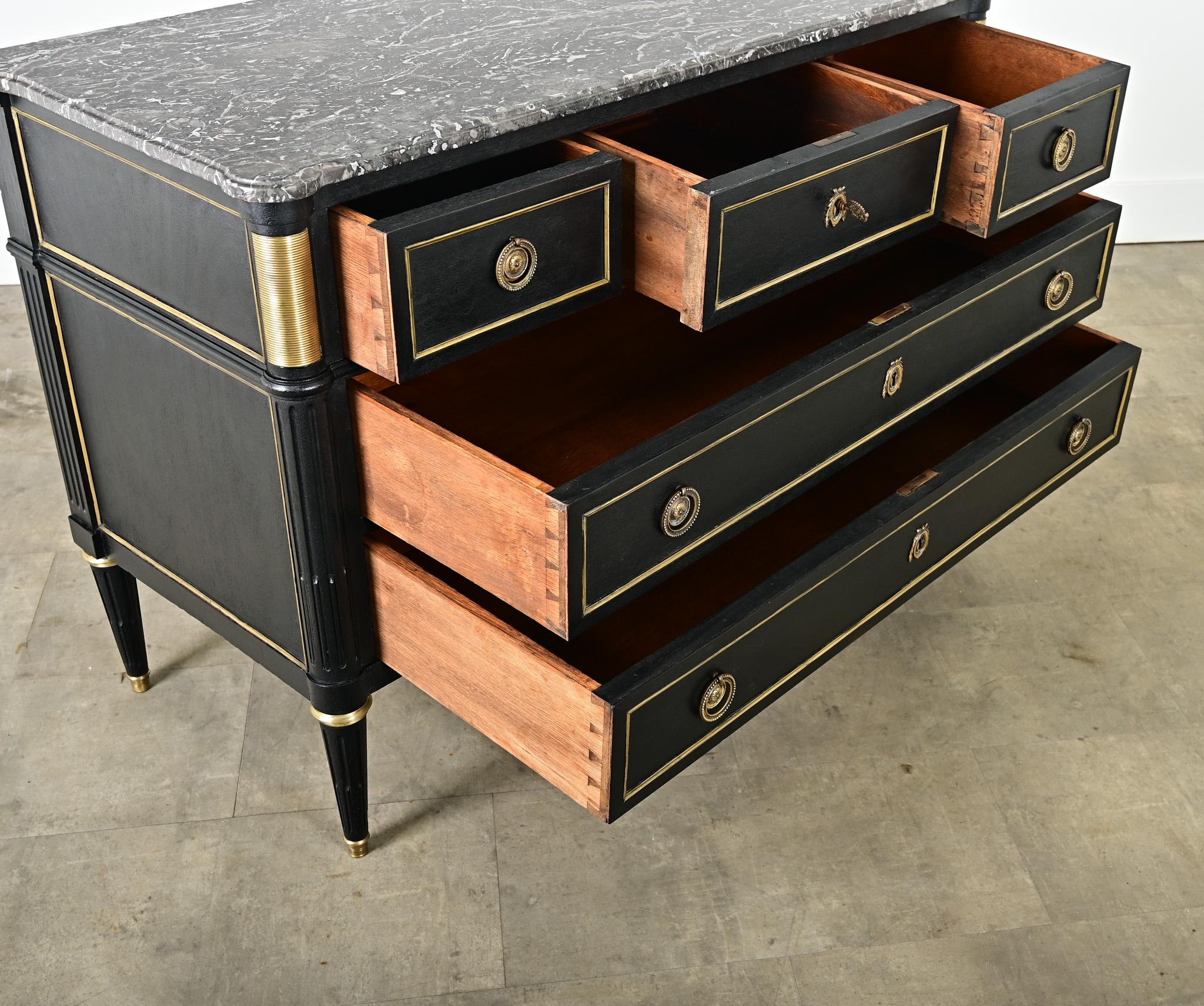 Brass French 19th Century Ebonized Louis XVI Style Commode For Sale