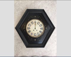 French 19th Century Ebonized Wall Clock with Guilloche Frame and Marble Quarter