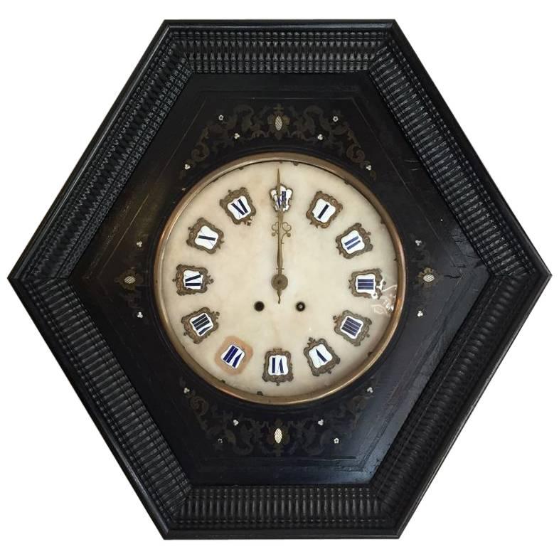 French 19th Century Ebonized Wall Clock with Guilloche Frame and Marble Quarter For Sale
