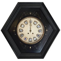 French 19th Century Ebonized Wall Clock with Guilloche Frame and Marble Quarter
