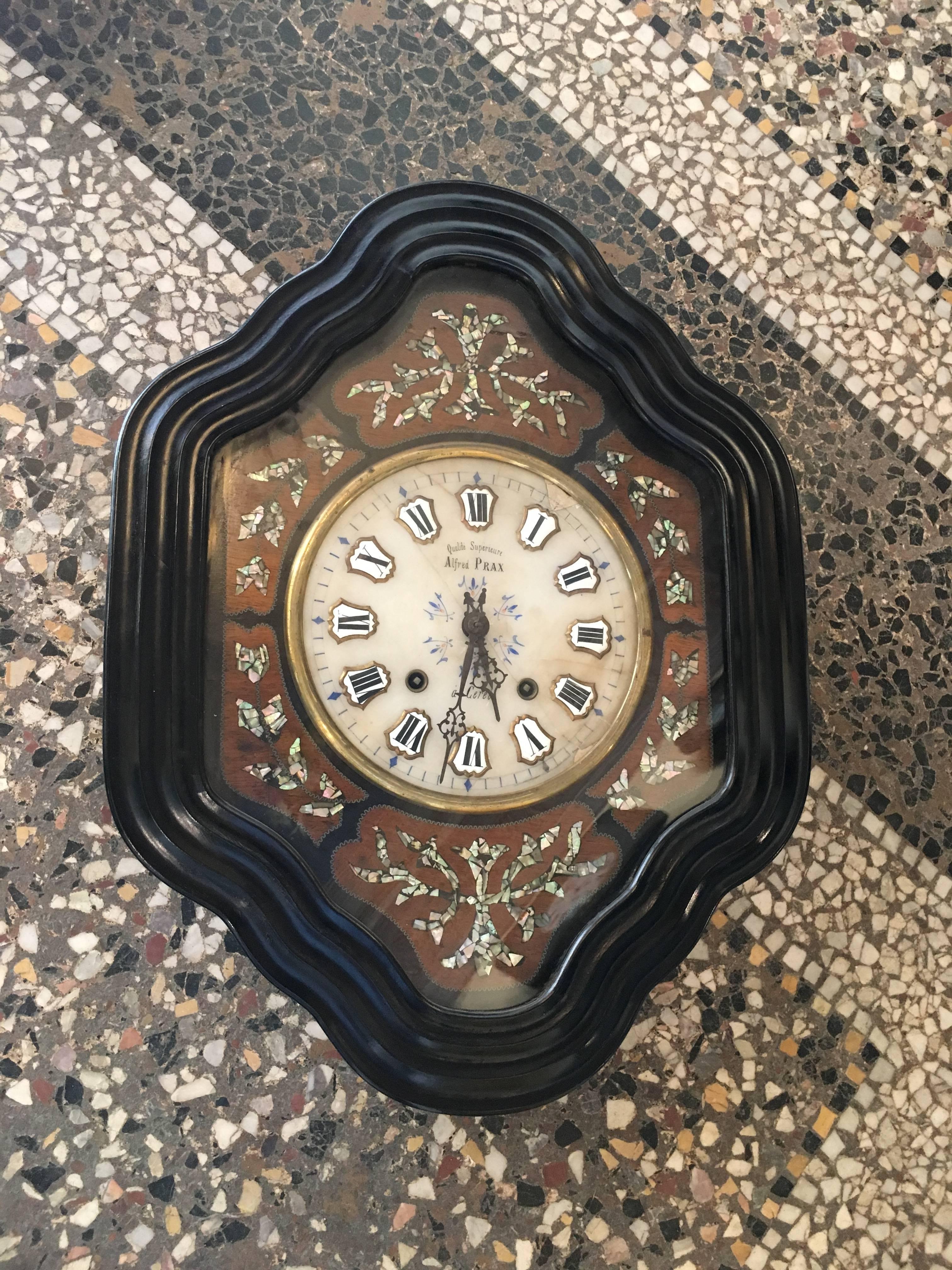 Napoleon III French 19th Century Ebonized Wall Clock with Mother-of-Pearl Inlay For Sale